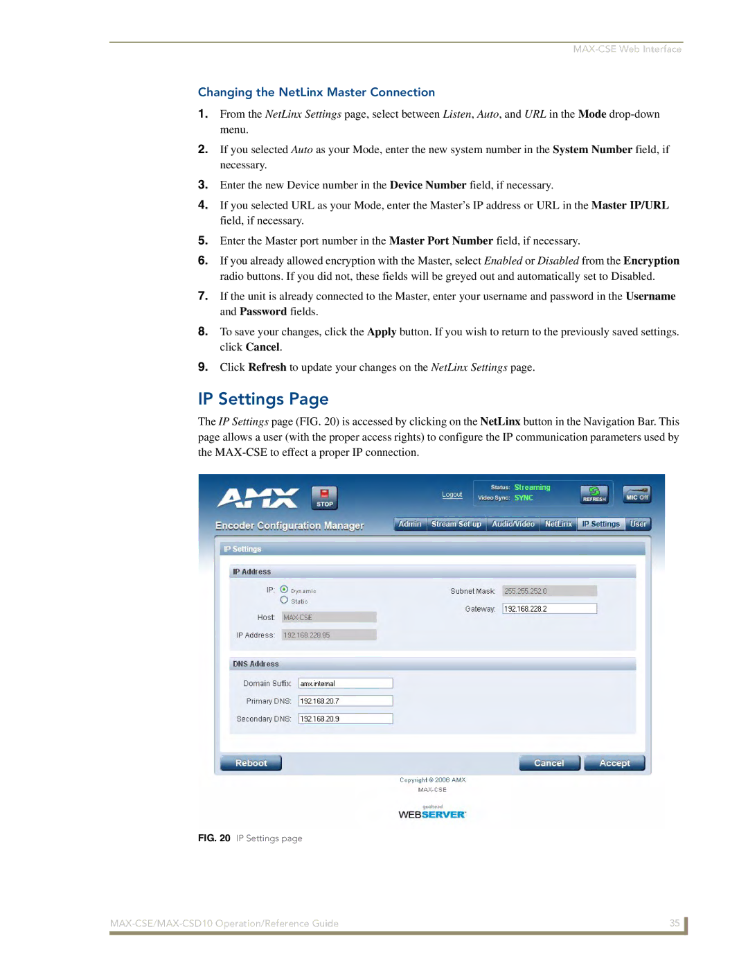 AMX MAX-CSD 10, MAX-CSE manual IP Settings, Changing the NetLinx Master Connection 