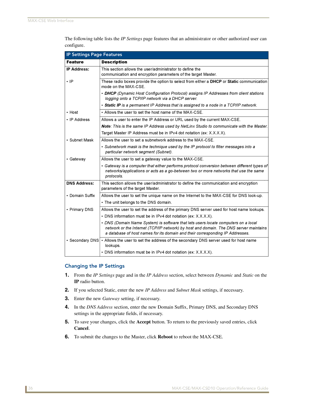 AMX MAX-CSE, MAX-CSD 10 Changing the IP Settings, IP Settings Page Features, Feature Description IP Address, DNS Address 