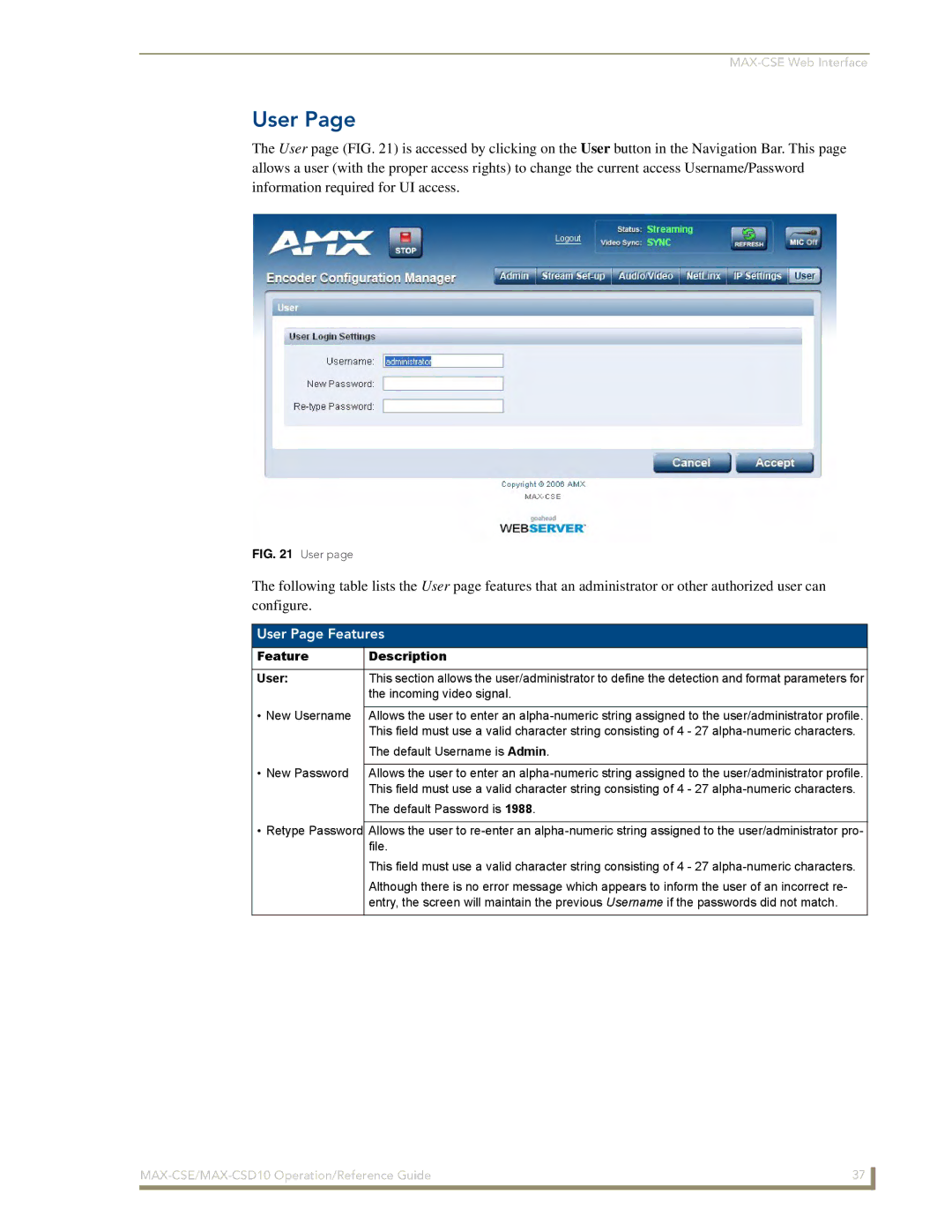 AMX MAX-CSD 10, MAX-CSE manual User Page Features, Feature Description User 