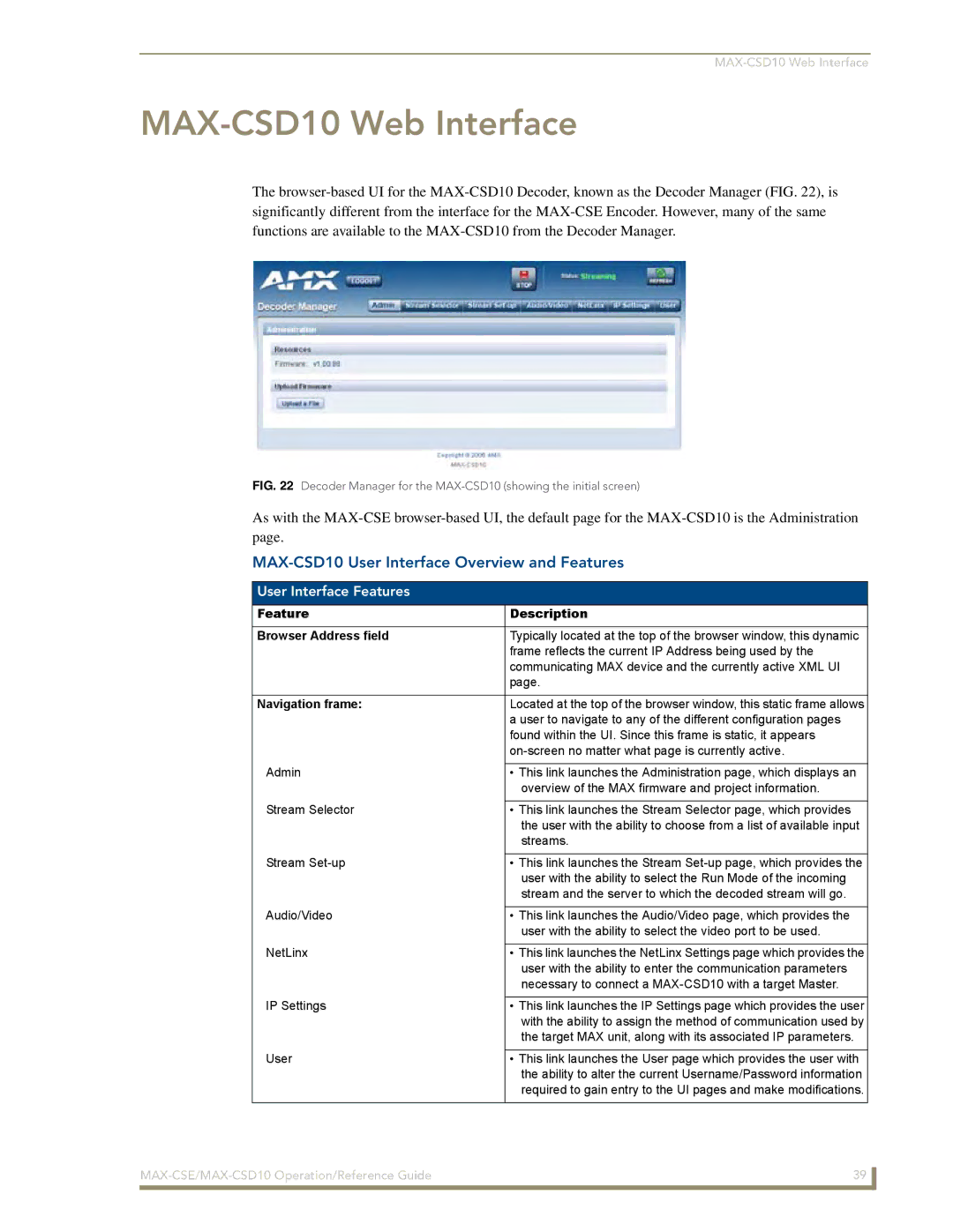 AMX MAX-CSD 10, MAX-CSE manual MAX-CSD10 Web Interface, MAX-CSD10 User Interface Overview and Features, Navigation frame 