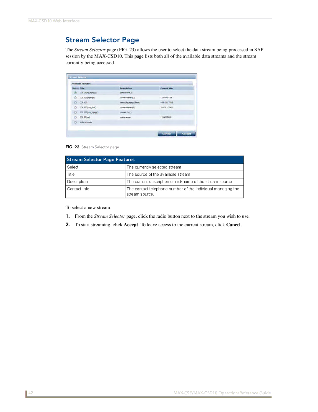 AMX MAX-CSE, MAX-CSD 10 manual Stream Selector Page Features 