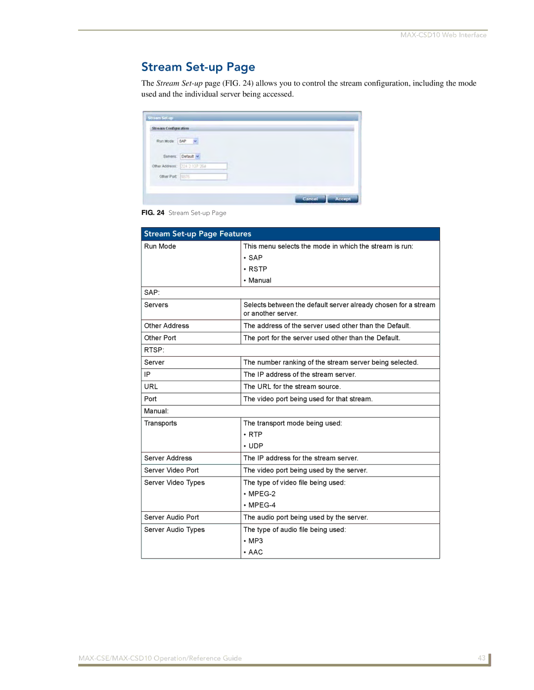 AMX MAX-CSD 10, MAX-CSE manual Stream Set-up Page Features 