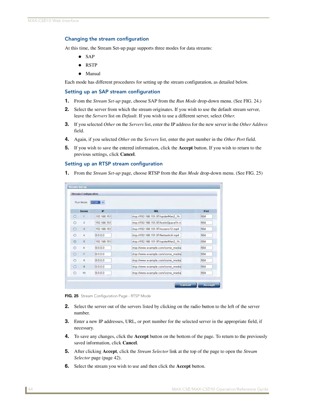 AMX MAX-CSE, MAX-CSD 10 manual Changing the stream configuration, Setting up an SAP stream configuration 