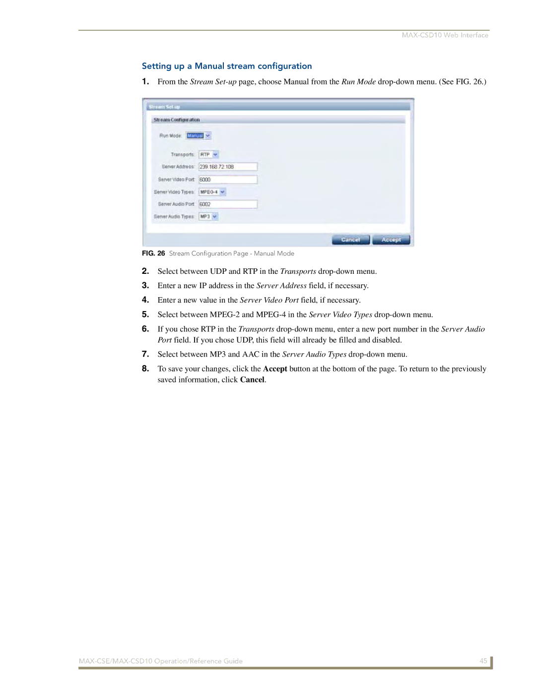 AMX MAX-CSD 10, MAX-CSE manual Setting up a Manual stream configuration, Stream Configuration Page Manual Mode 