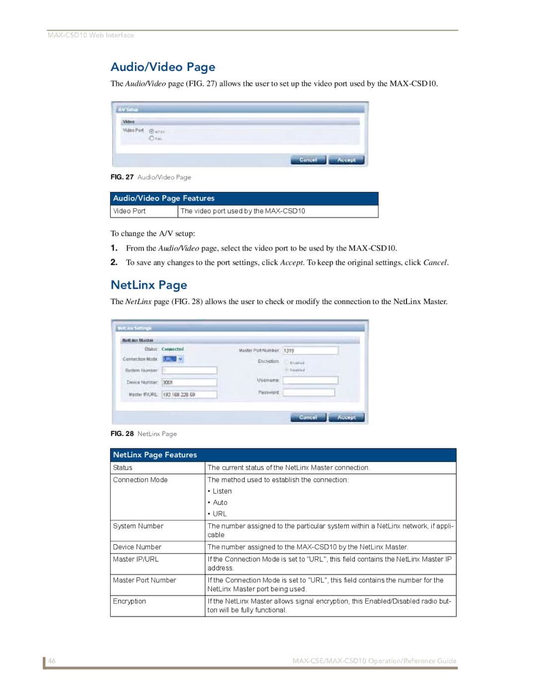 AMX MAX-CSE, MAX-CSD 10 manual Audio/Video Page Features, NetLinx Page Features 