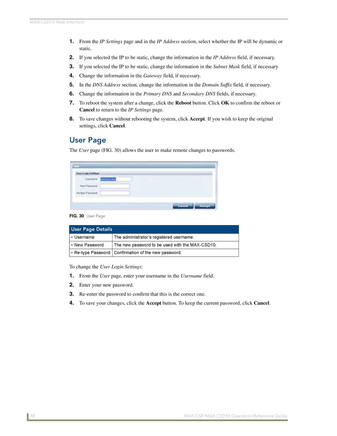 AMX MAX-CSE, MAX-CSD 10 manual To change the User Login Settings, User Page Details 