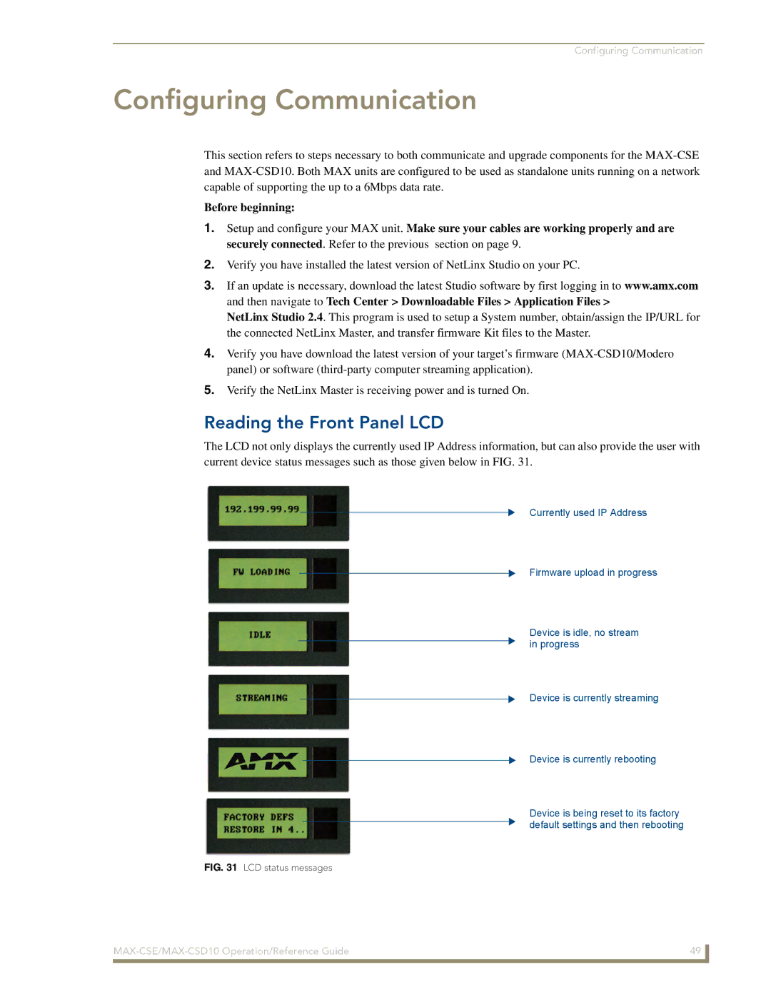 AMX MAX-CSD 10, MAX-CSE manual Configuring Communication, Reading the Front Panel LCD 