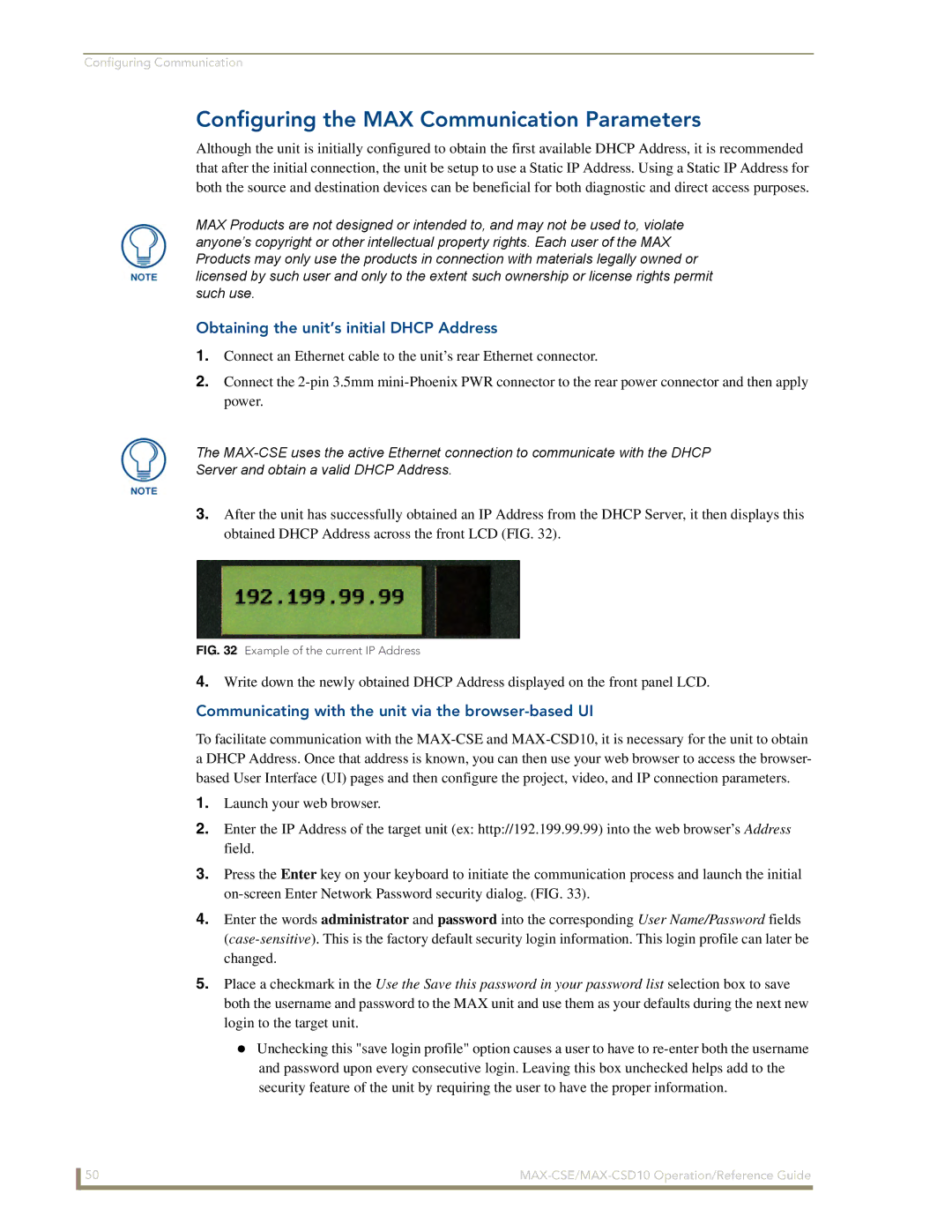 AMX MAX-CSE, MAX-CSD 10 manual Configuring the MAX Communication Parameters, Obtaining the unit’s initial Dhcp Address 