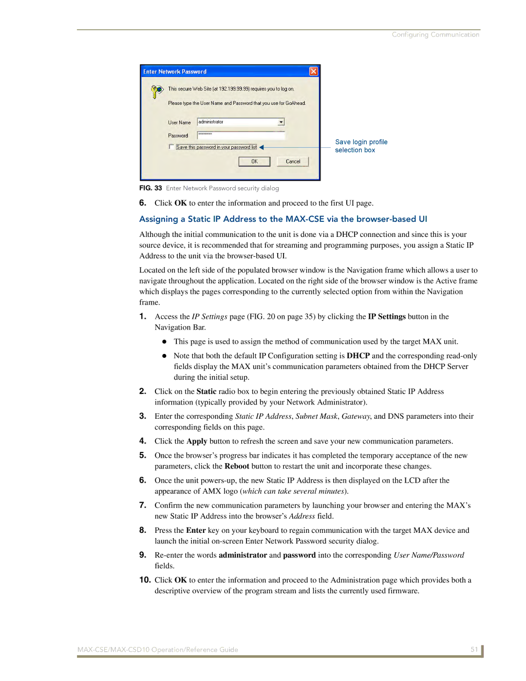 AMX MAX-CSD 10, MAX-CSE manual Save login profile selection box 