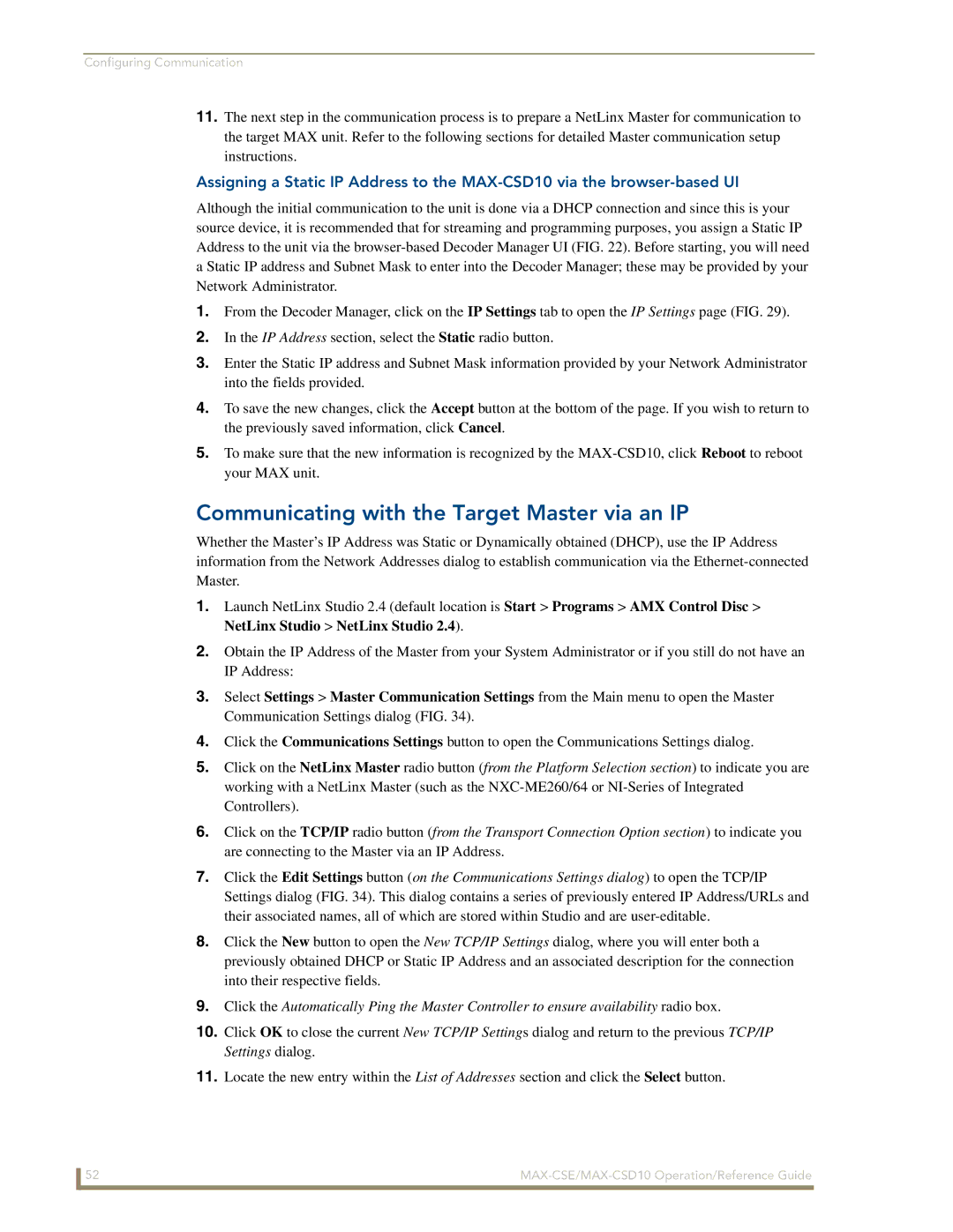 AMX MAX-CSE, MAX-CSD 10 manual Communicating with the Target Master via an IP 