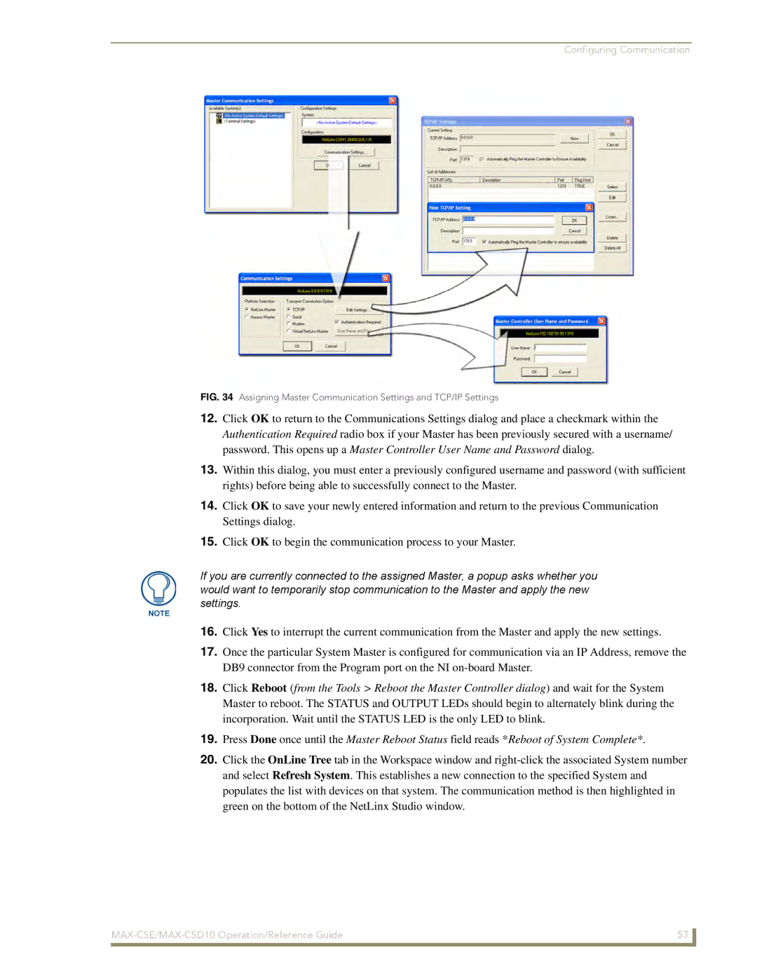 AMX MAX-CSD 10, MAX-CSE manual Assigning Master Communication Settings and TCP/IP Settings 