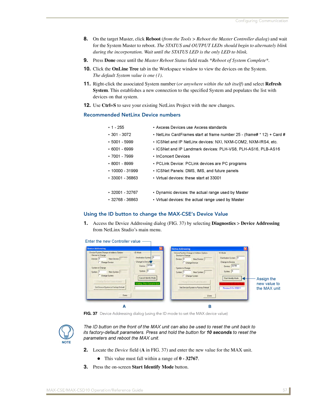 AMX MAX-CSD 10 manual Recommended NetLinx Device numbers, Using the ID button to change the MAX-CSE’s Device Value 