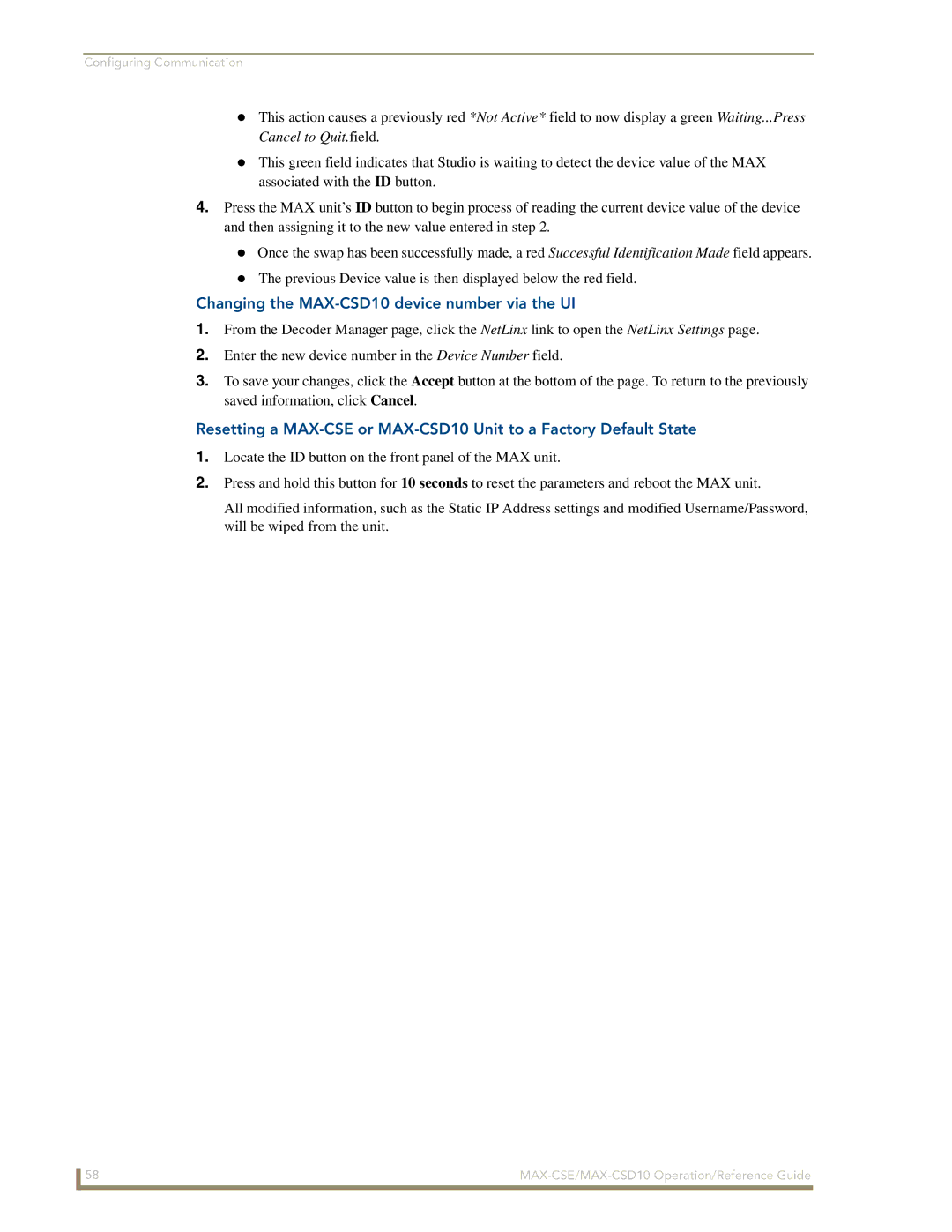 AMX MAX-CSE, MAX-CSD 10 manual Changing the MAX-CSD10 device number via the UI 