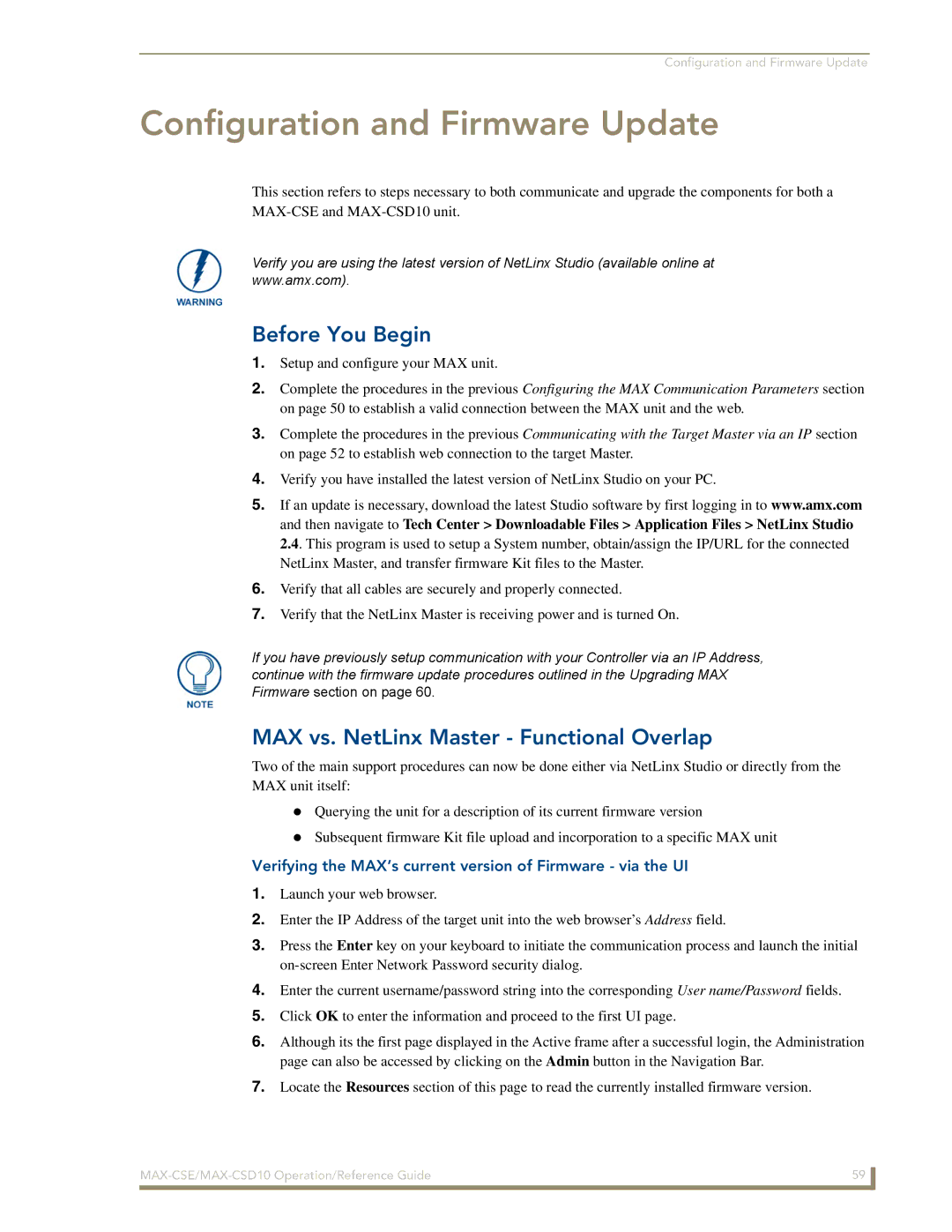 AMX MAX-CSD 10, MAX-CSE Configuration and Firmware Update, Before You Begin, MAX vs. NetLinx Master Functional Overlap 