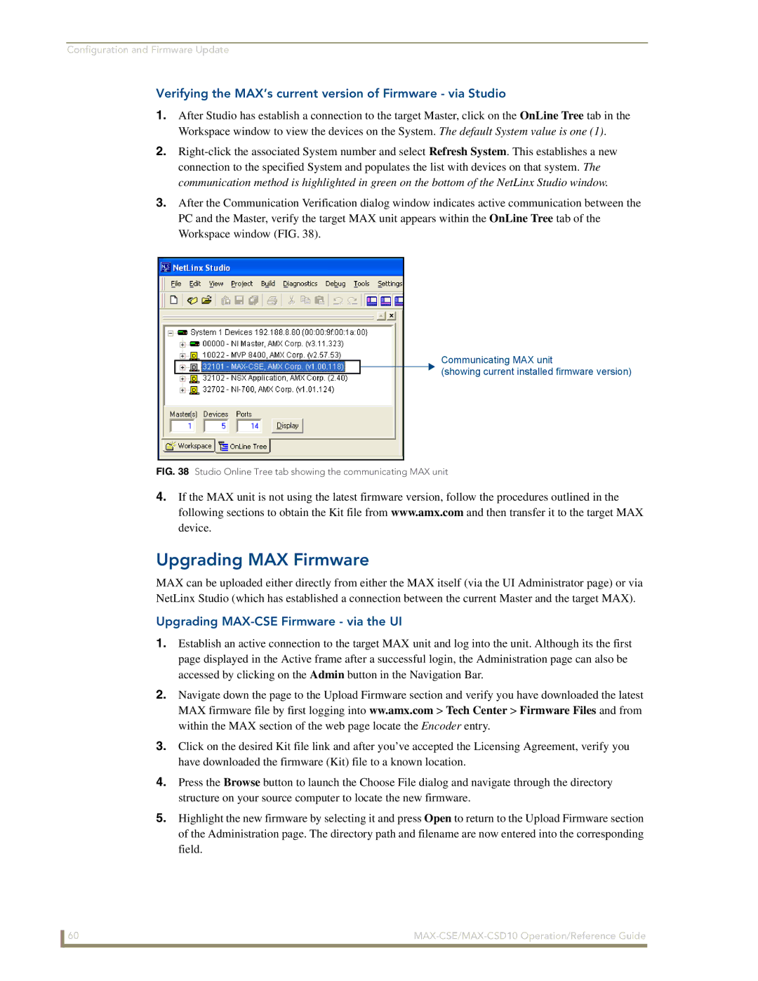 AMX MAX-CSE, MAX-CSD 10 manual Upgrading MAX Firmware, Verifying the MAX’s current version of Firmware via Studio 