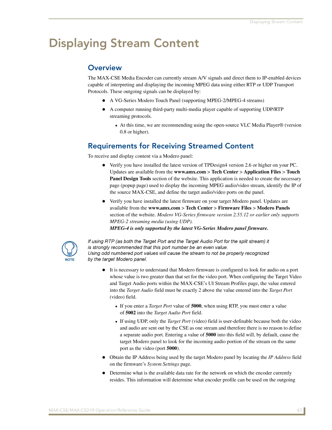 AMX MAX-CSD 10, MAX-CSE manual Displaying Stream Content, Requirements for Receiving Streamed Content 