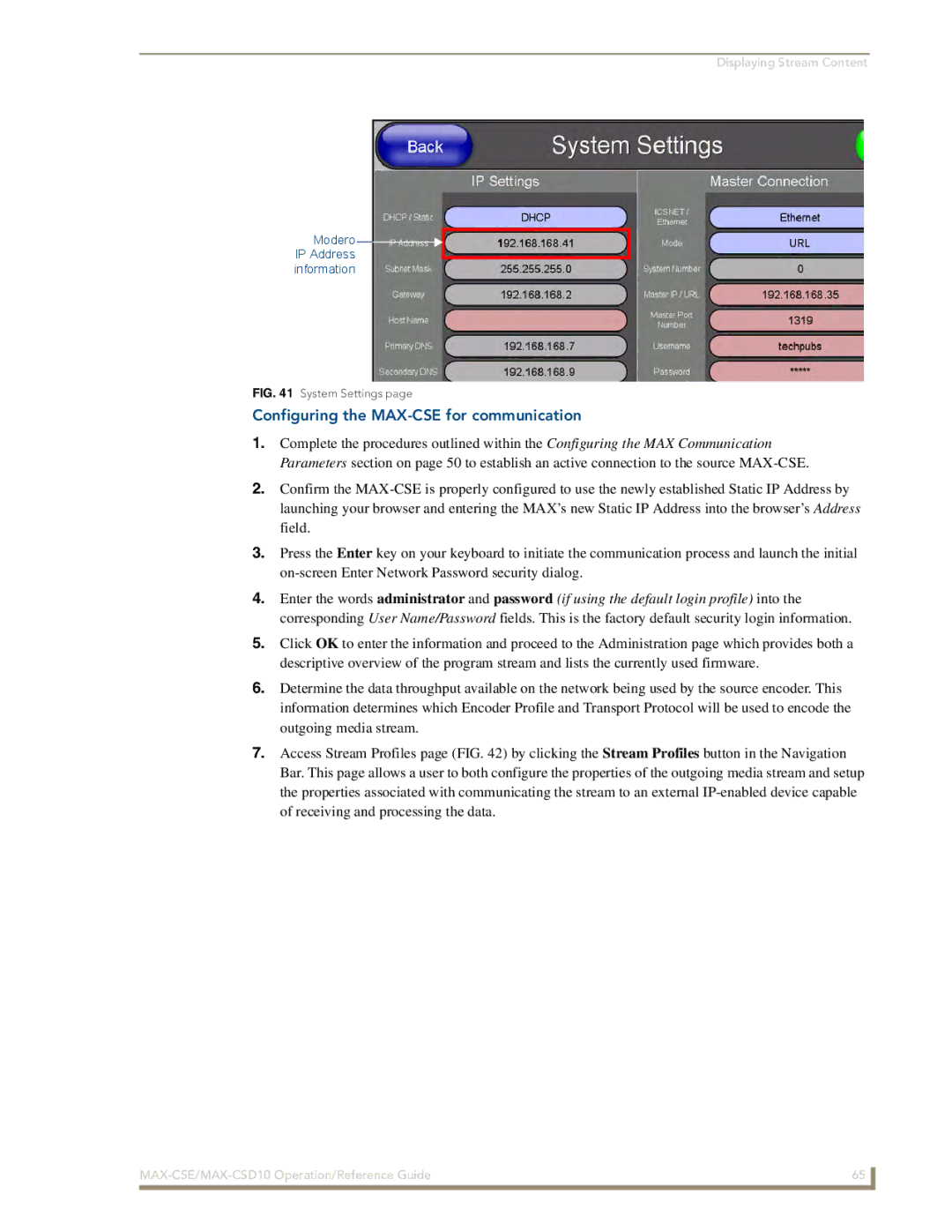 AMX MAX-CSD 10 manual Configuring the MAX-CSE for communication, System Settings 