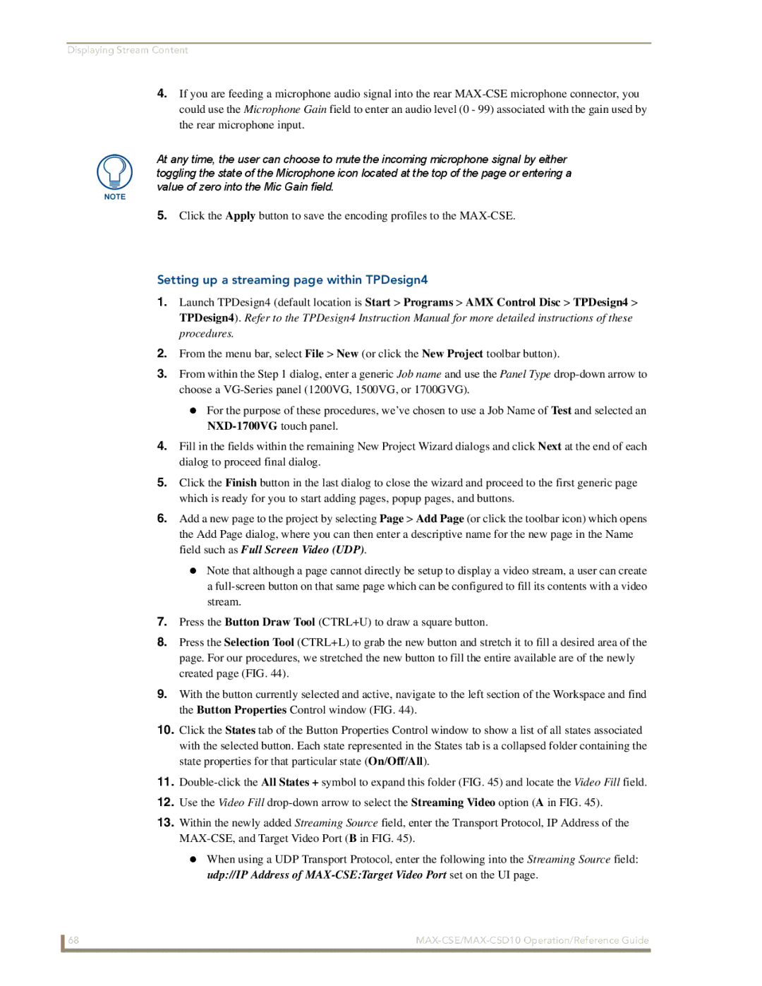 AMX MAX-CSE, MAX-CSD 10 manual Setting up a streaming page within TPDesign4 