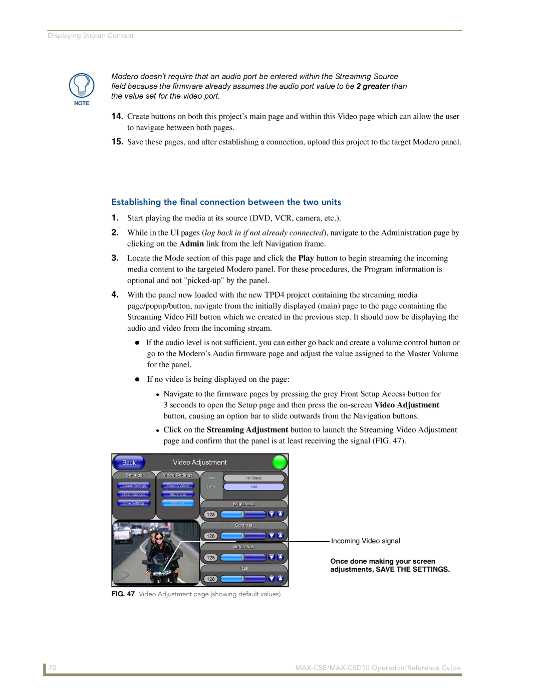 AMX MAX-CSE manual Establishing the final connection between the two units, Video Adjustment page showing default values 