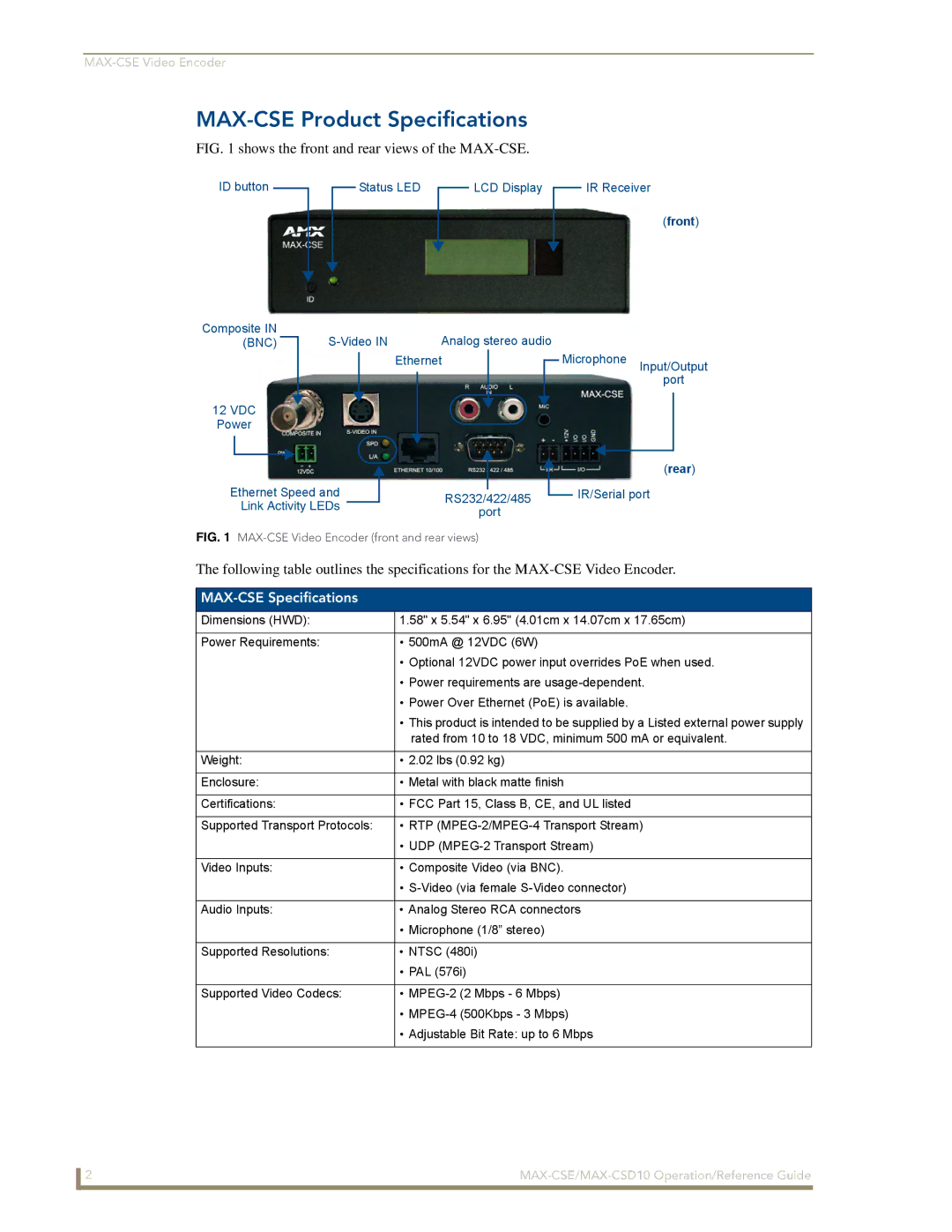 AMX MAX-CSD 10 manual MAX-CSE Product Specifications, MAX-CSE Specifications 