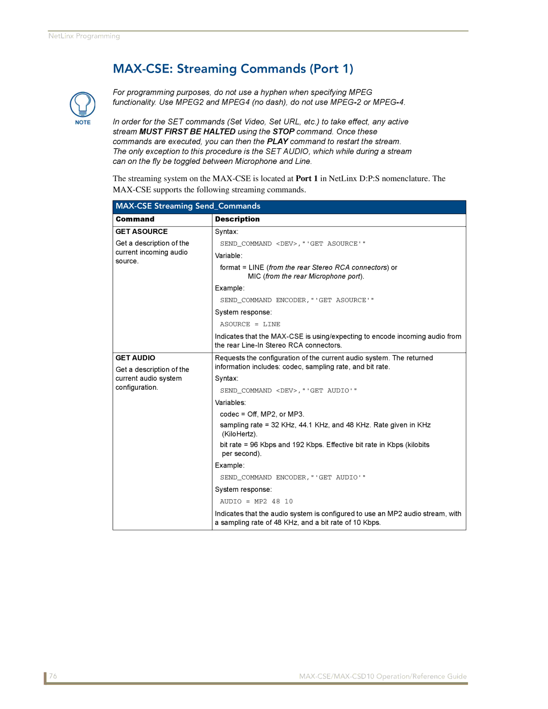 AMX manual MAX-CSE Streaming Commands Port, MAX-CSE Streaming SendCommands, Command Description, GET Asource, GET Audio 