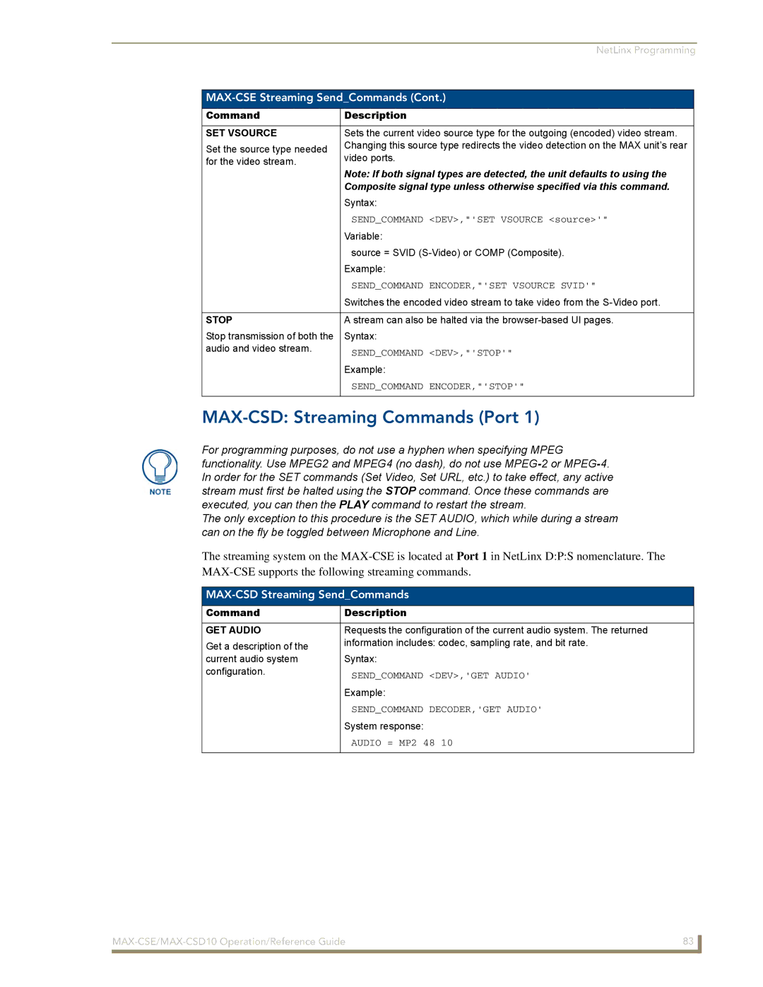 AMX MAX-CSD 10, MAX-CSE manual MAX-CSD Streaming Commands Port, MAX-CSD Streaming SendCommands, SET Vsource, Stop 