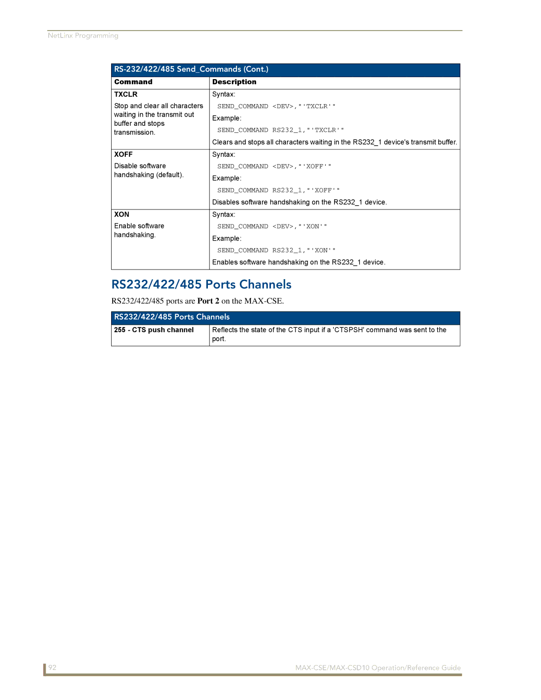 AMX MAX-CSE, MAX-CSD 10 manual RS232/422/485 Ports Channels, Txclr, Xoff, Xon 