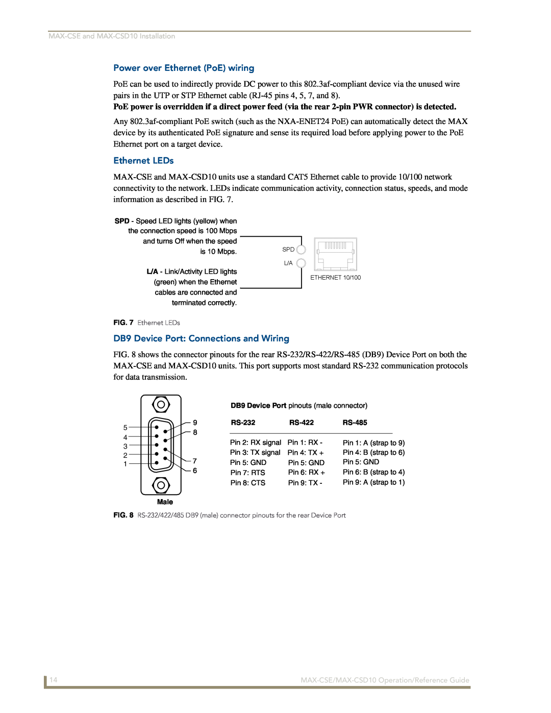 AMX MAX-CSE Power over Ethernet PoE wiring, Ethernet LEDs, DB9 Device Port: Connections and Wiring, RS-232, RS-422, RS-485 