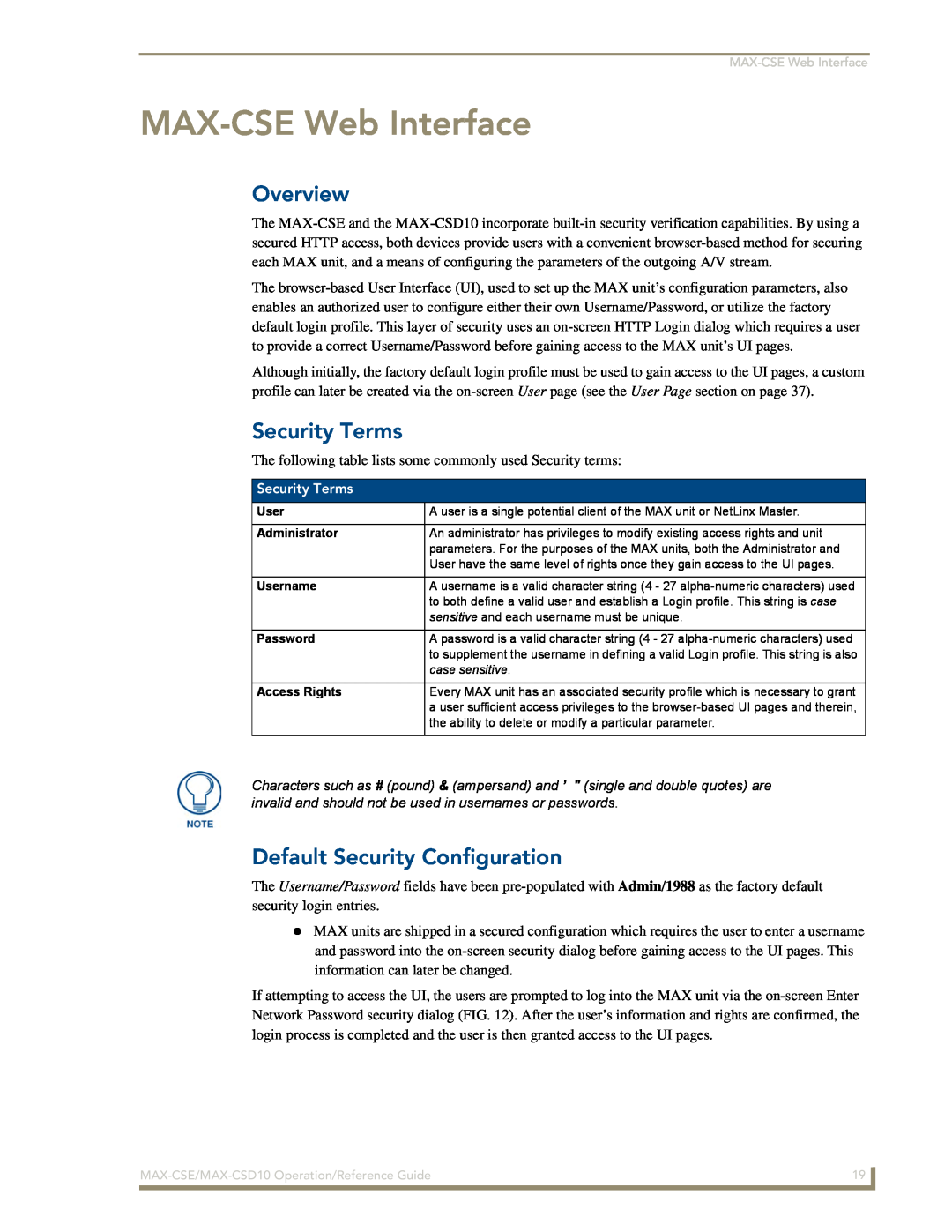 AMX MAX-CSD 10 manual MAX-CSEWeb Interface, Security Terms, Default Security Configuration, Overview 