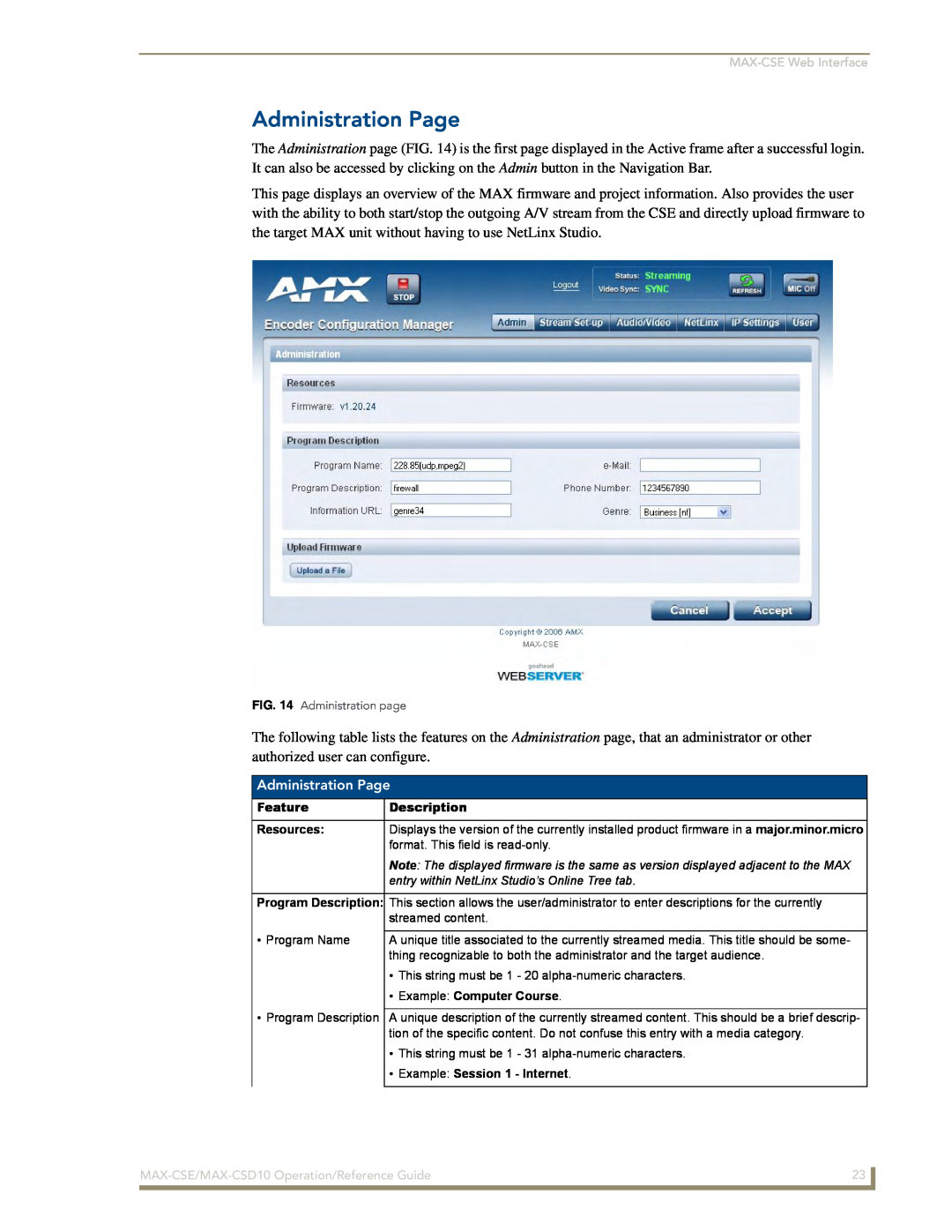 AMX MAX-CSD 10, MAX-CSE manual Administration Page 