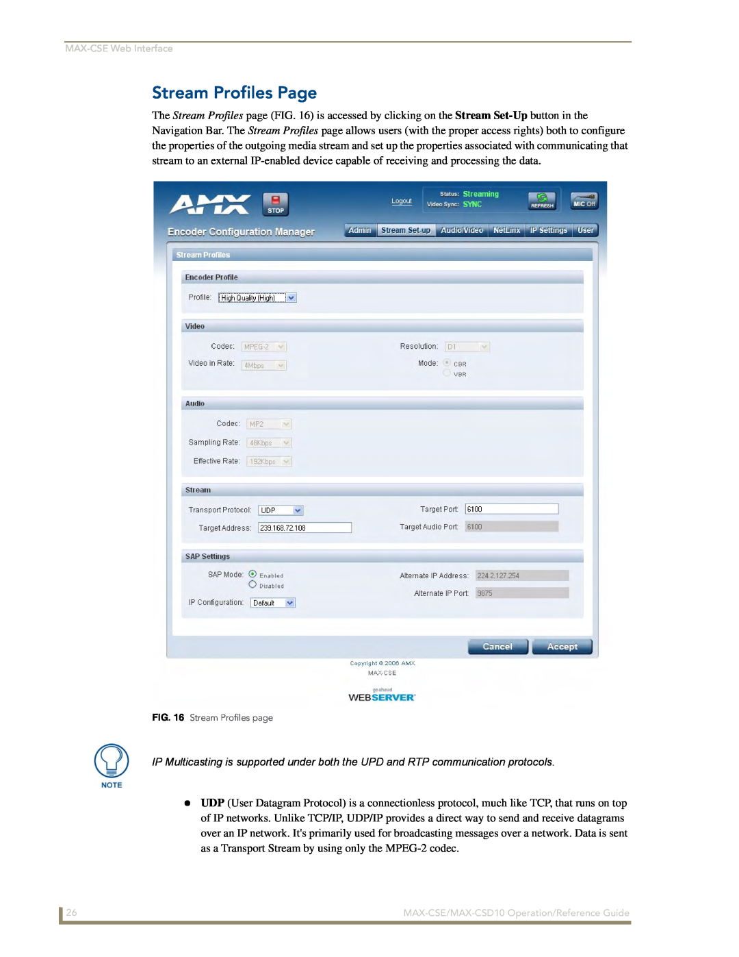 AMX MAX-CSD 10 manual Stream Profiles Page, MAX-CSEWeb Interface, MAX-CSE/MAX-CSD10Operation/Reference Guide 