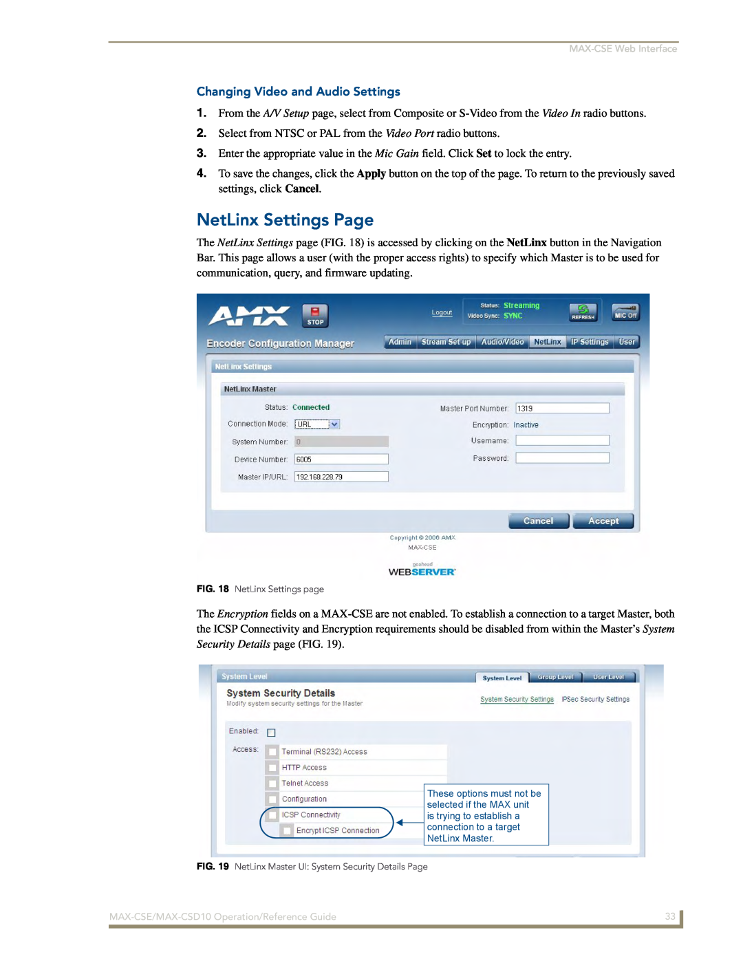 AMX MAX-CSD 10, MAX-CSE manual NetLinx Settings Page, Changing Video and Audio Settings 