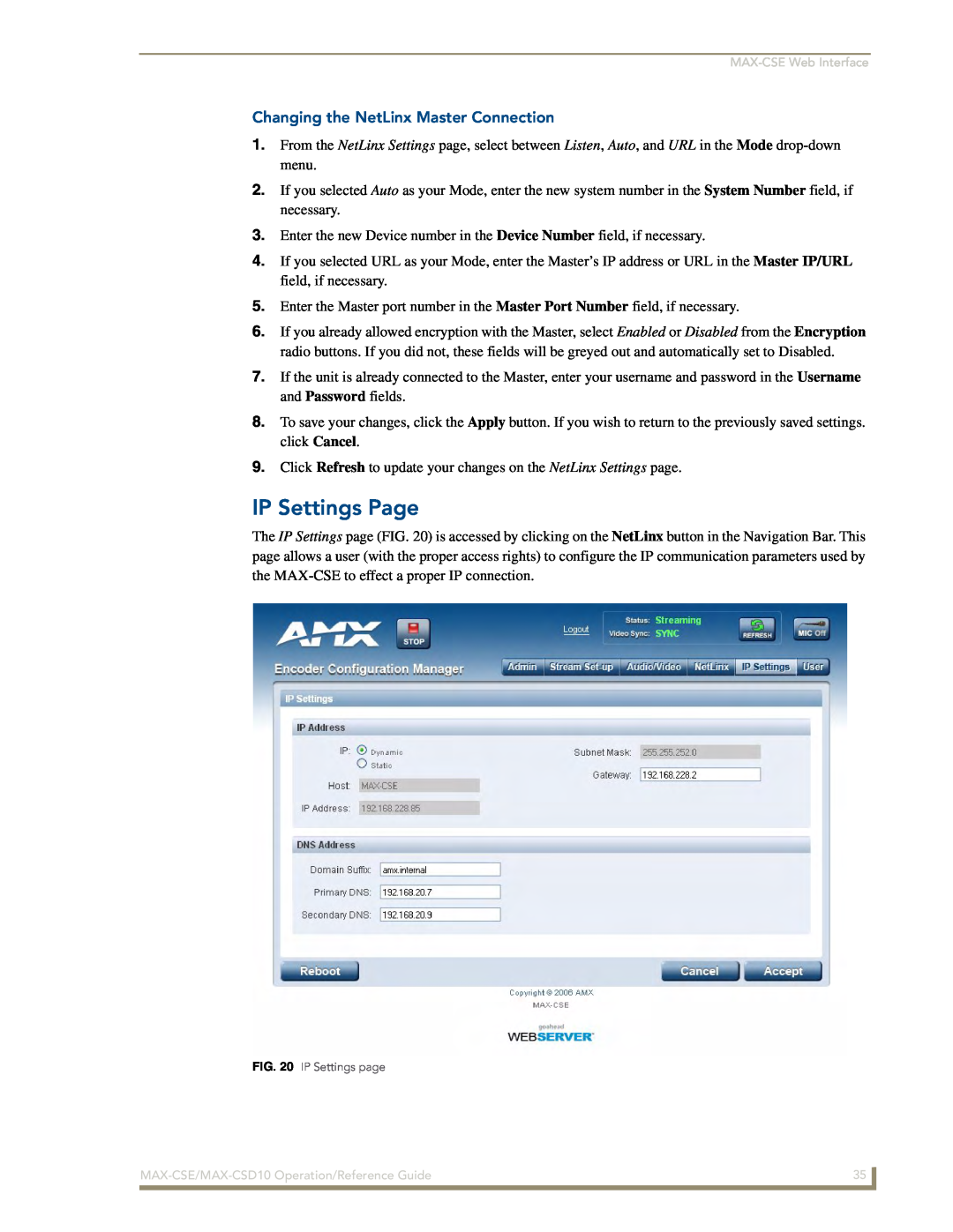 AMX MAX-CSD 10, MAX-CSE manual IP Settings Page, Changing the NetLinx Master Connection 