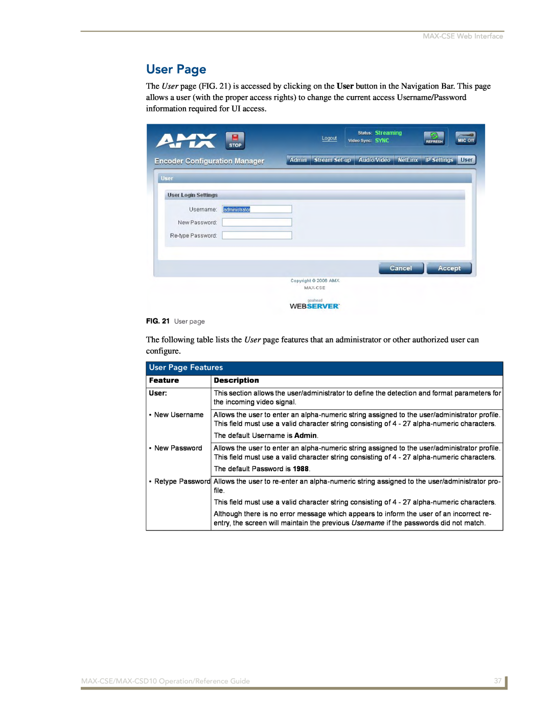 AMX MAX-CSD 10, MAX-CSE manual User Page Features 