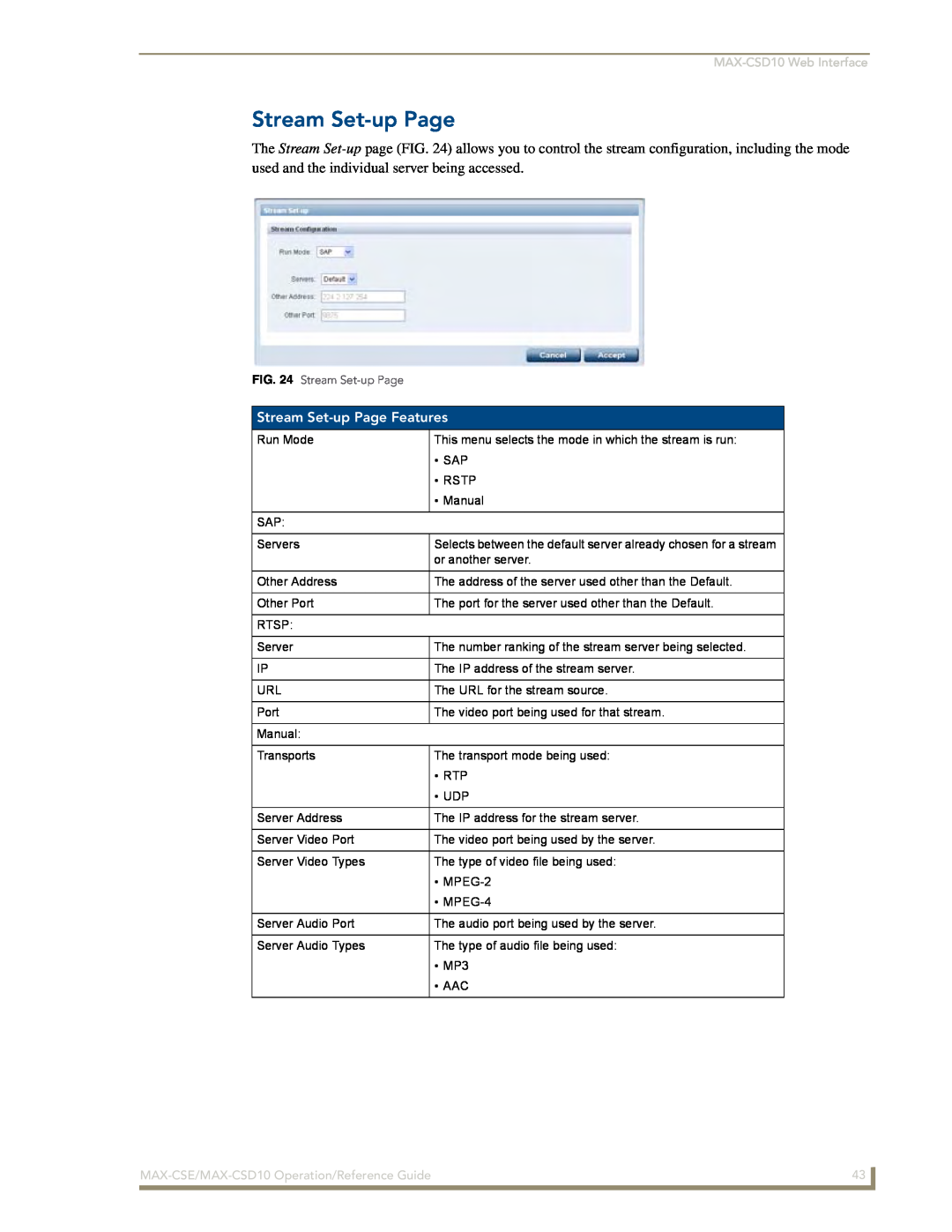 AMX MAX-CSD 10 manual Stream Set-upPage Features, MAX-CSD10Web Interface, MAX-CSE/MAX-CSD10Operation/Reference Guide 