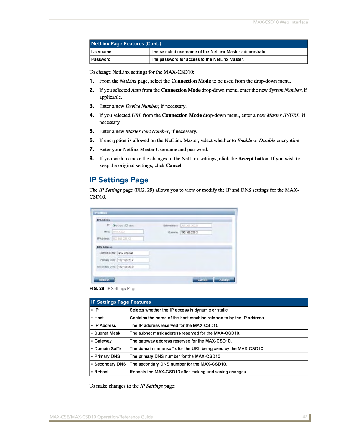 AMX MAX-CSD 10, MAX-CSE manual IP Settings Page, To change NetLinx settings for the MAX-CSD10 