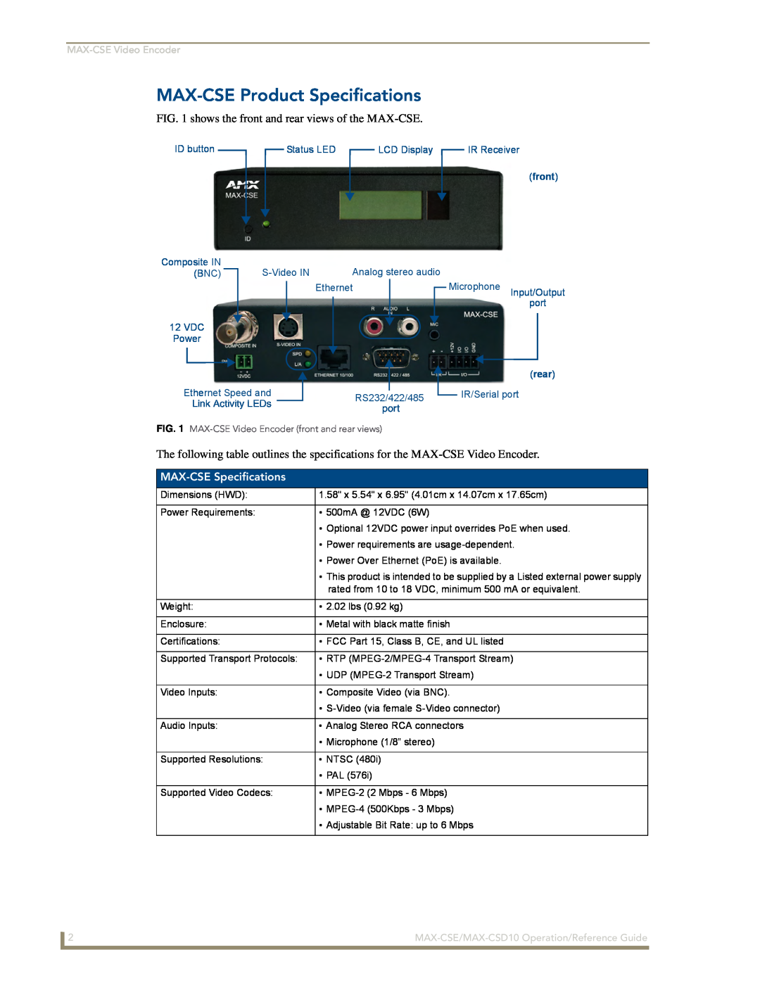 AMX MAX-CSD 10 manual MAX-CSEProduct Specifications, MAX-CSESpecifications 