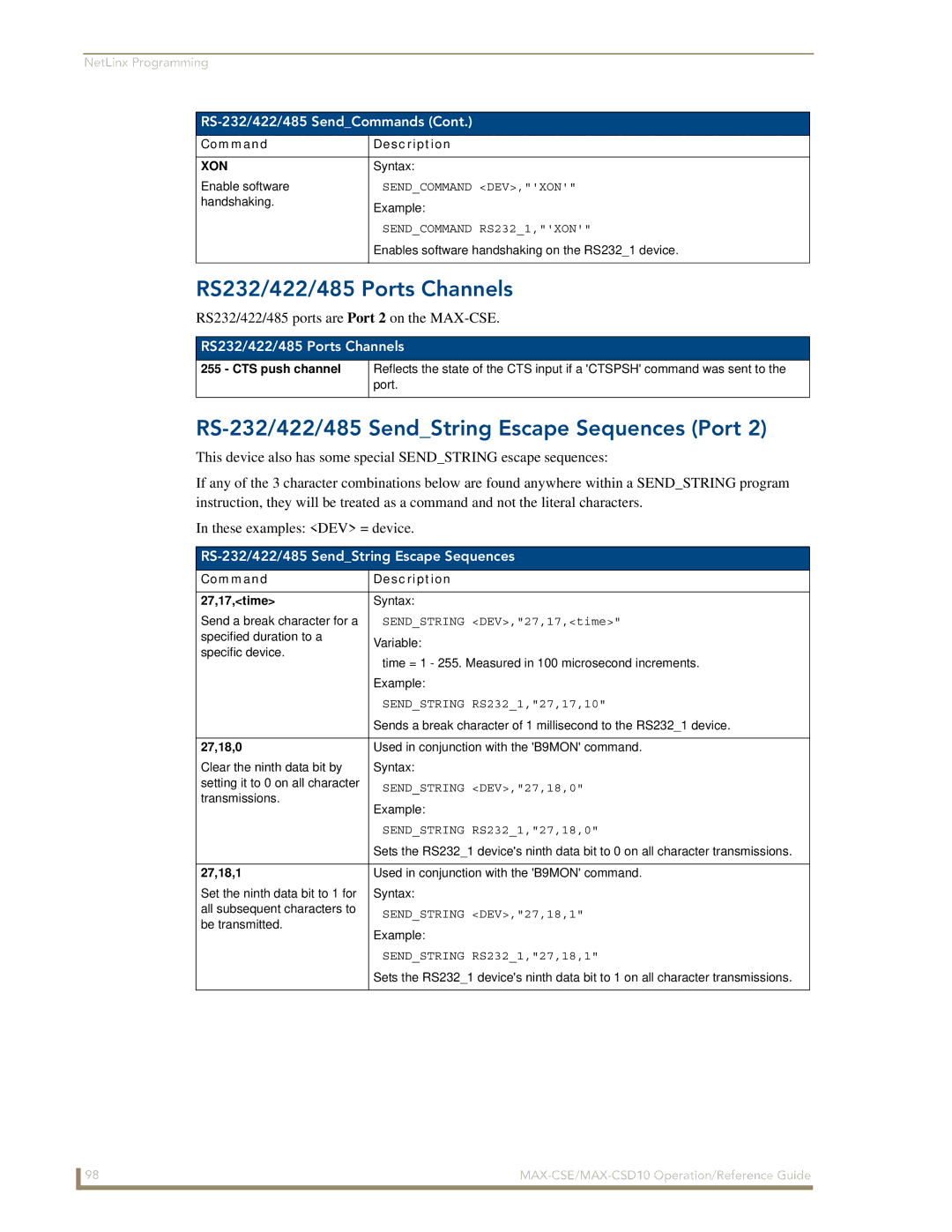 AMX MAX-CSE, MAX-CSD10 manual RS232/422/485 Ports Channels, RS-232/422/485 SendString Escape Sequences Port, Xon 