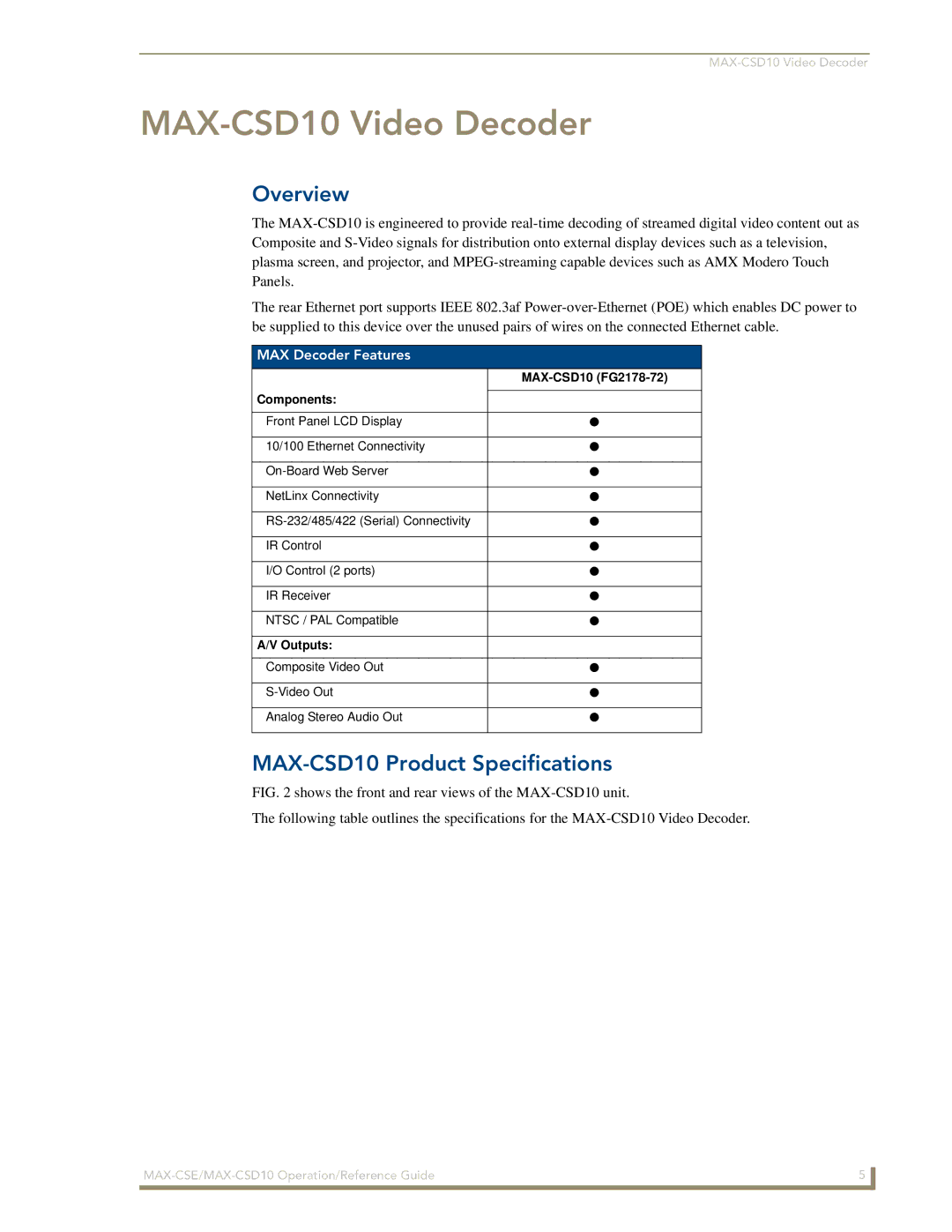 AMX manual MAX-CSD10 Video Decoder, MAX-CSD10 Product Specifications, MAX Decoder Features, MAX-CSD10 FG2178-72, Outputs 