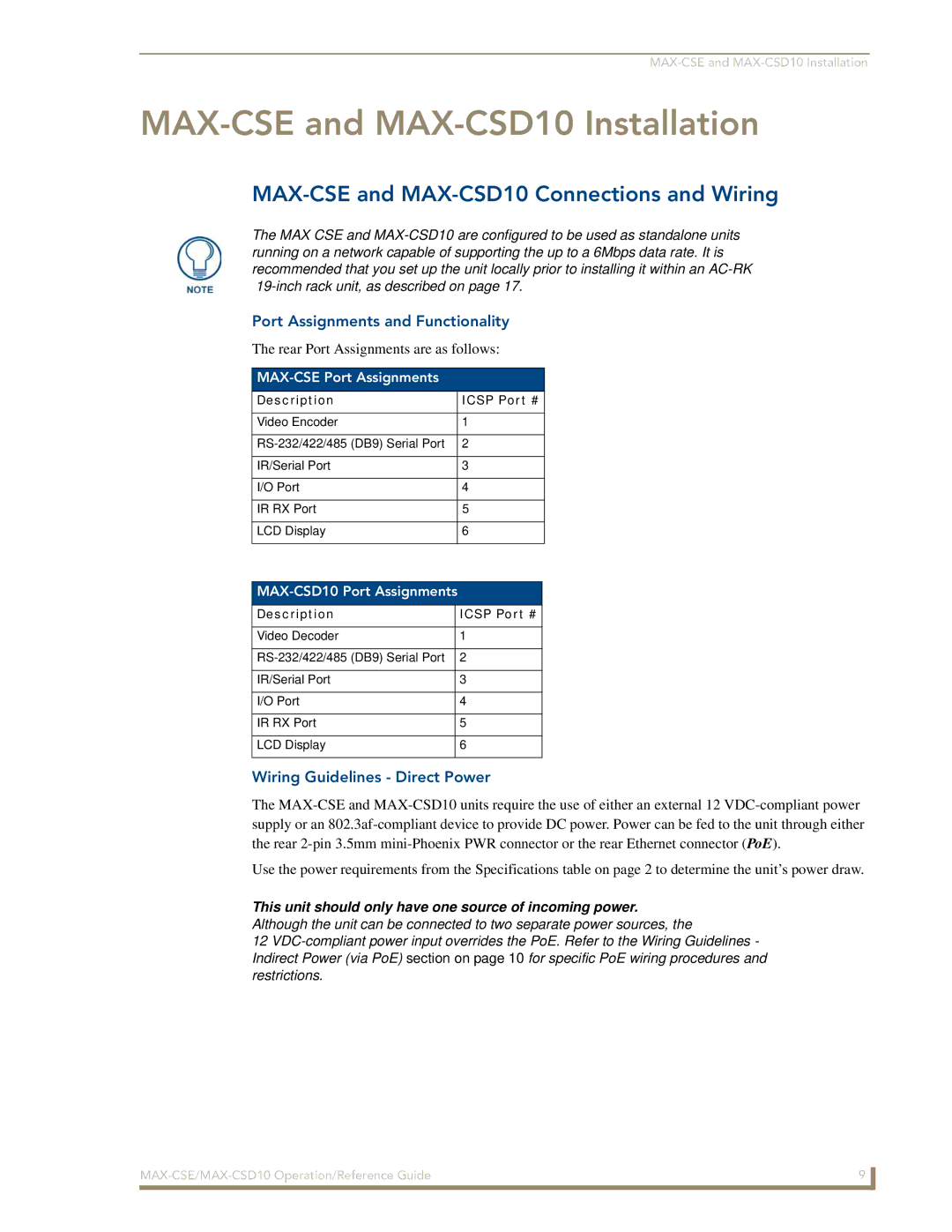 AMX MAX-CSE and MAX-CSD10 Installation, MAX-CSE and MAX-CSD10 Connections and Wiring, Wiring Guidelines Direct Power 