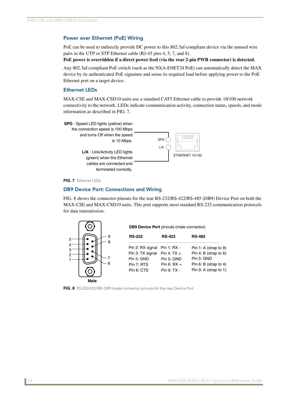 AMX MAX-CSE, MAX-CSD10 manual Power over Ethernet PoE Wiring, Ethernet LEDs, DB9 Device Port Connections and Wiring 