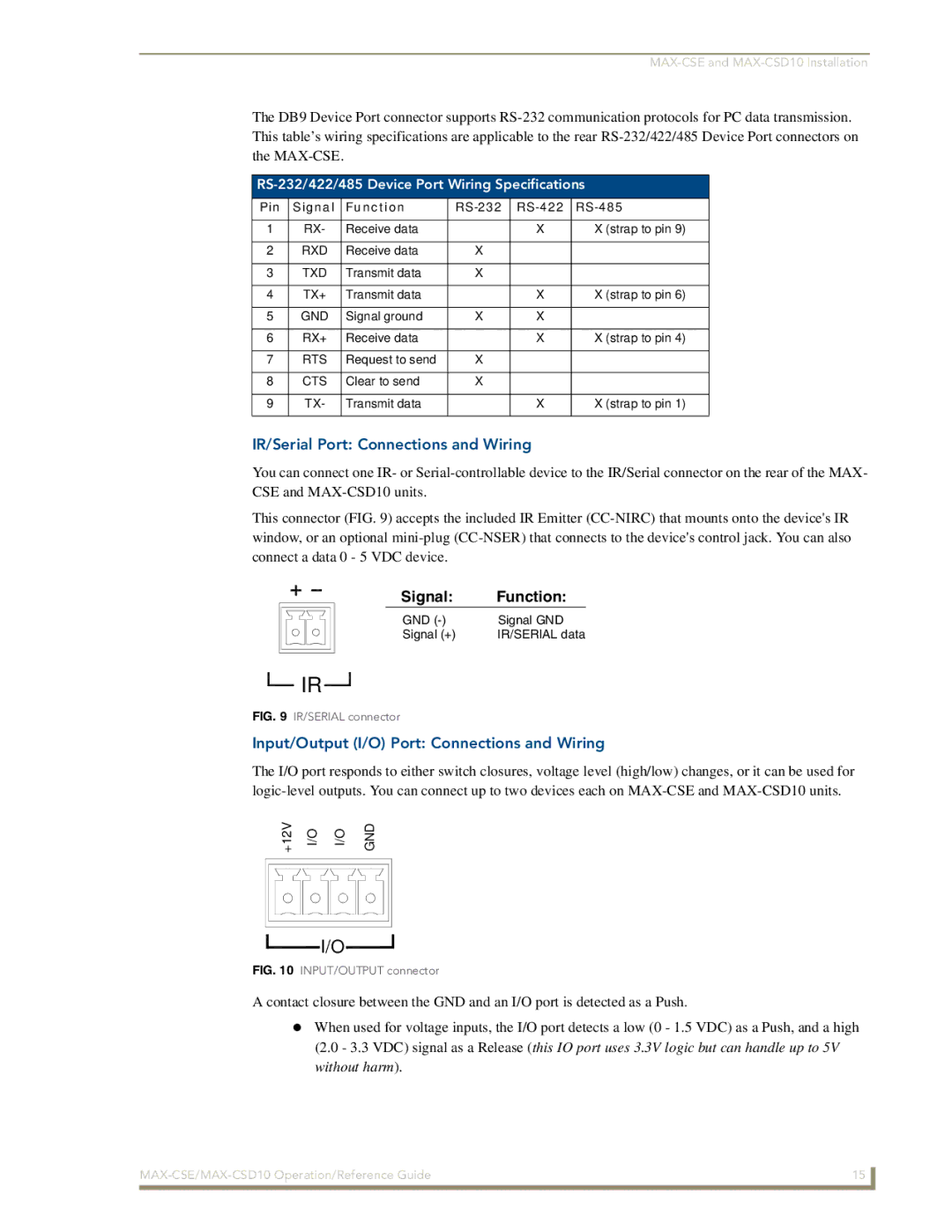 AMX MAX-CSD10, MAX-CSE manual IR/Serial Port Connections and Wiring, Input/Output I/O Port Connections and Wiring 