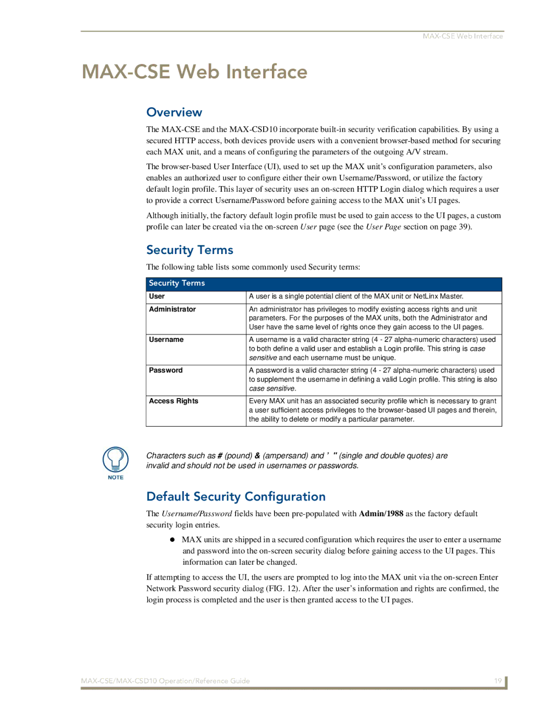 AMX MAX-CSD10 manual MAX-CSE Web Interface, Security Terms, Default Security Configuration 