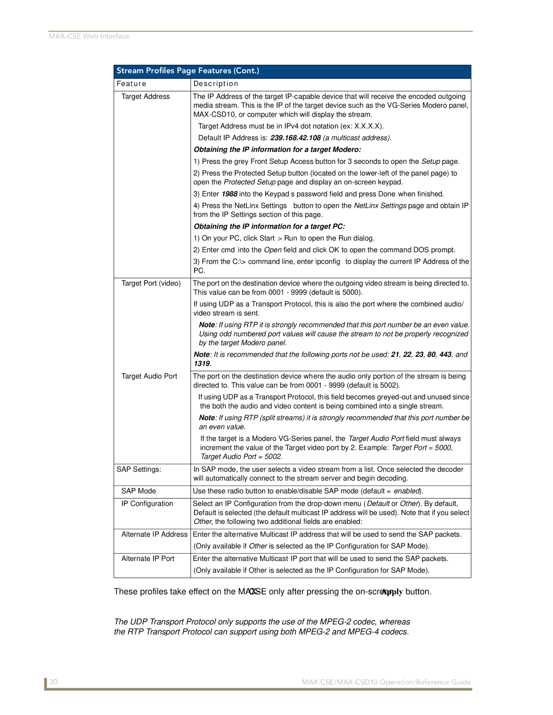 AMX MAX-CSE, MAX-CSD10 manual Obtaining the IP information for a target Modero, SAP Settings 