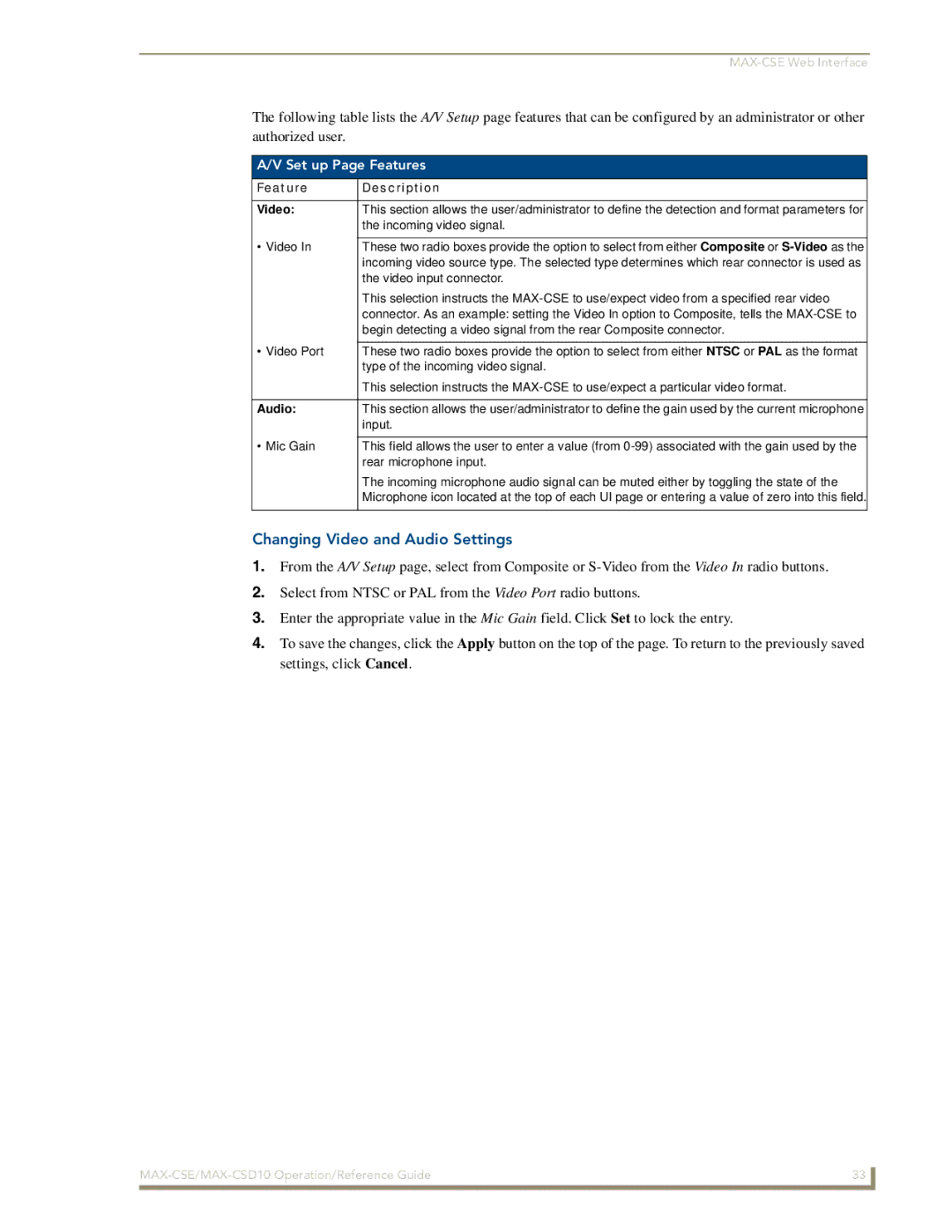 AMX MAX-CSD10, MAX-CSE manual Changing Video and Audio Settings, Set up Page Features, Feature Description Video 