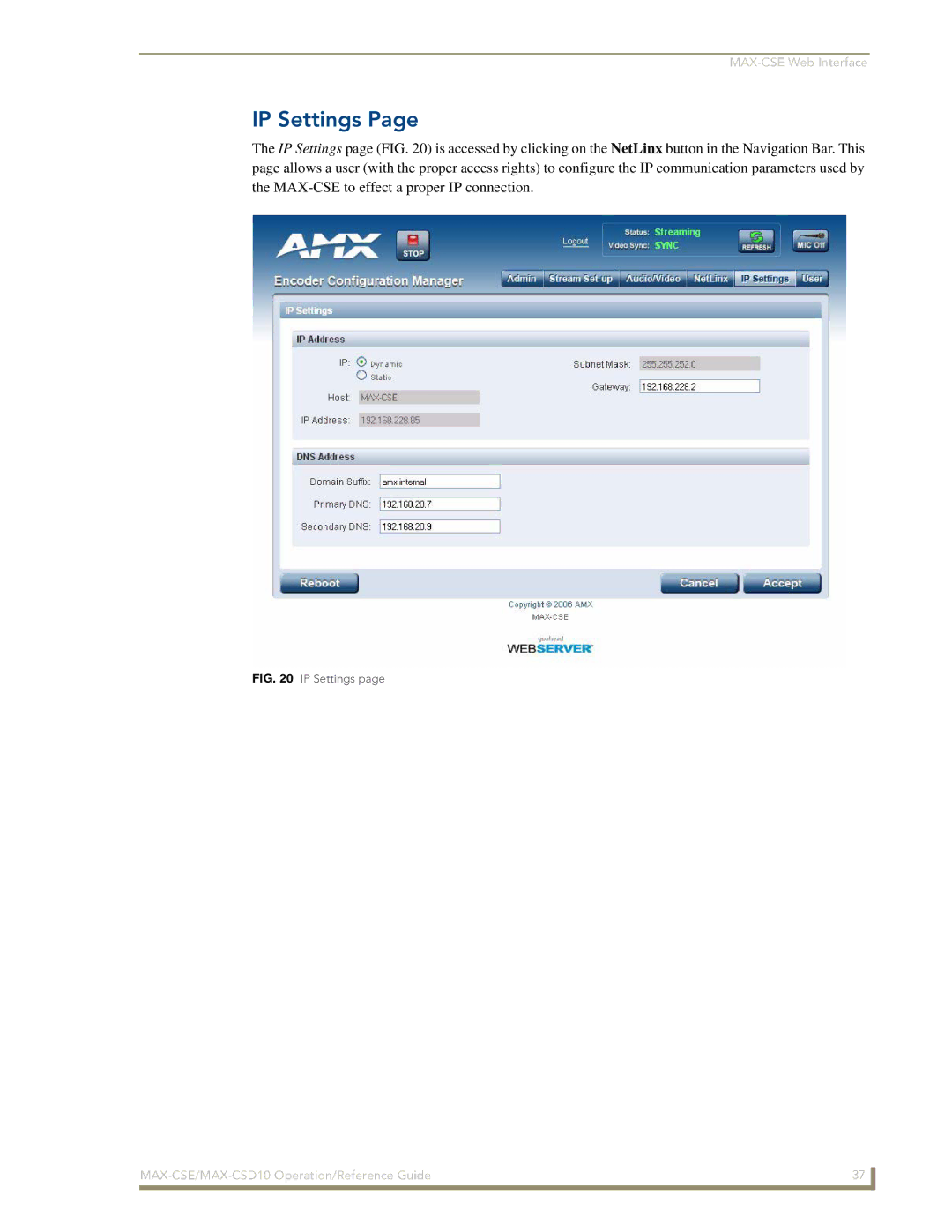 AMX MAX-CSD10, MAX-CSE manual IP Settings 