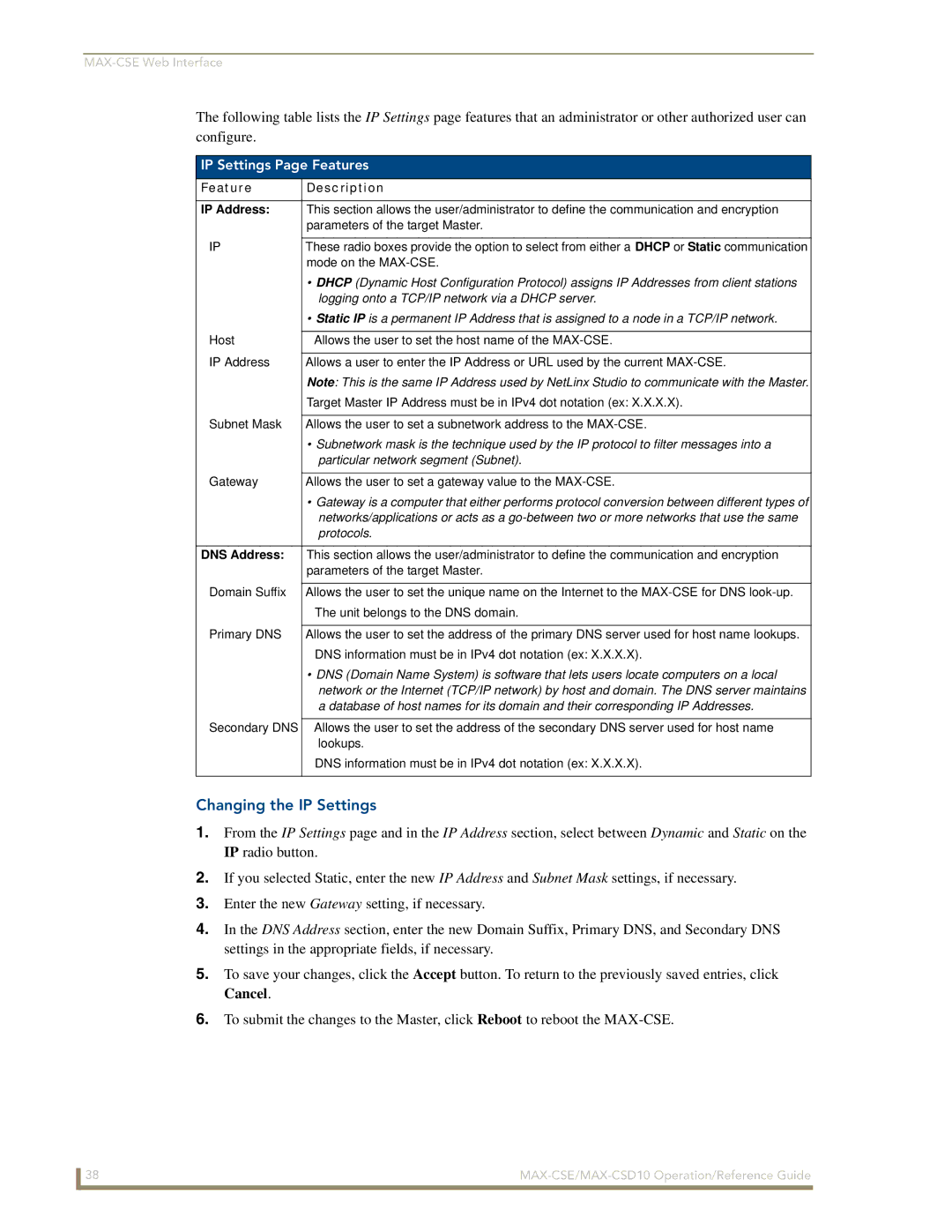 AMX MAX-CSE, MAX-CSD10 Changing the IP Settings, IP Settings Page Features, Feature Description IP Address, DNS Address 