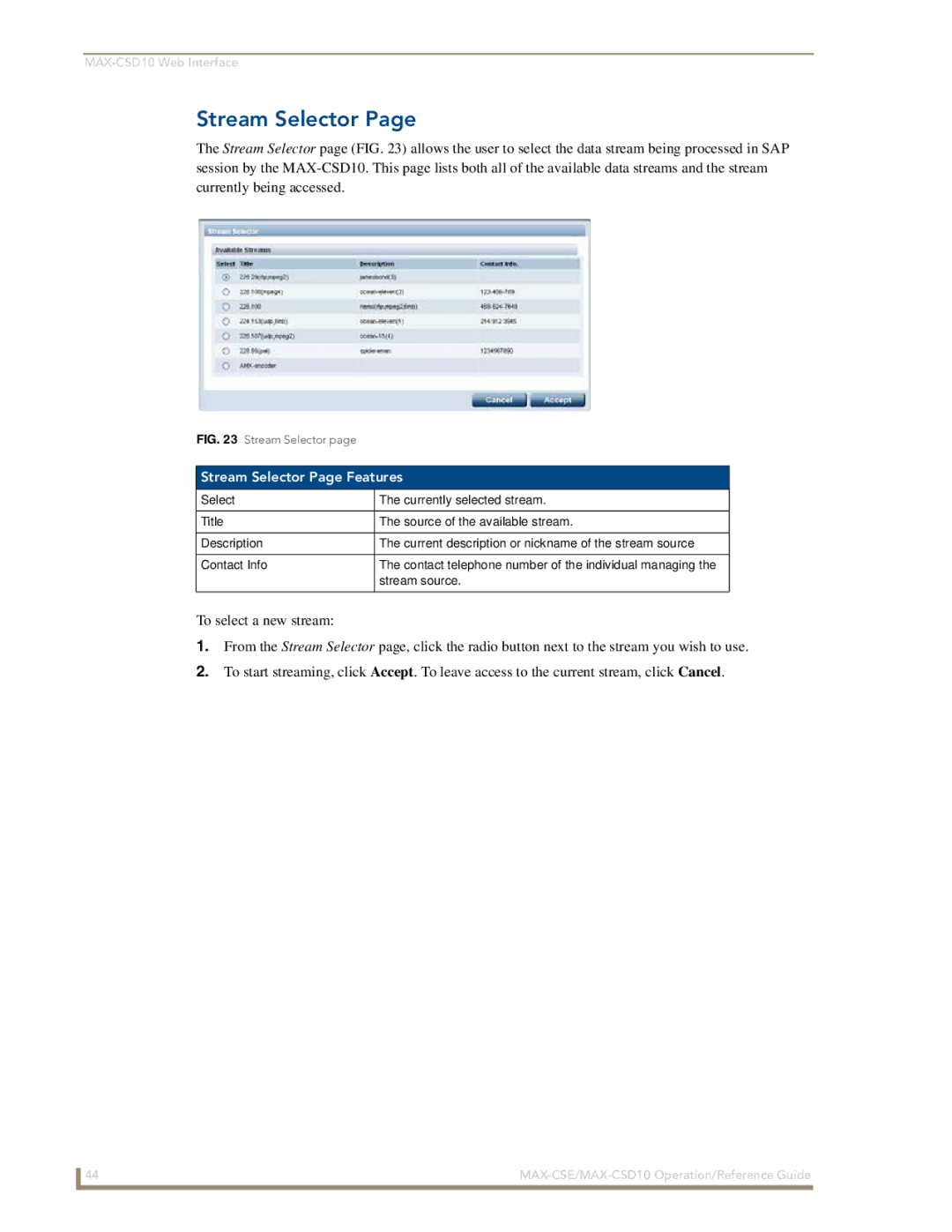 AMX MAX-CSE, MAX-CSD10 manual Stream Selector Page Features 