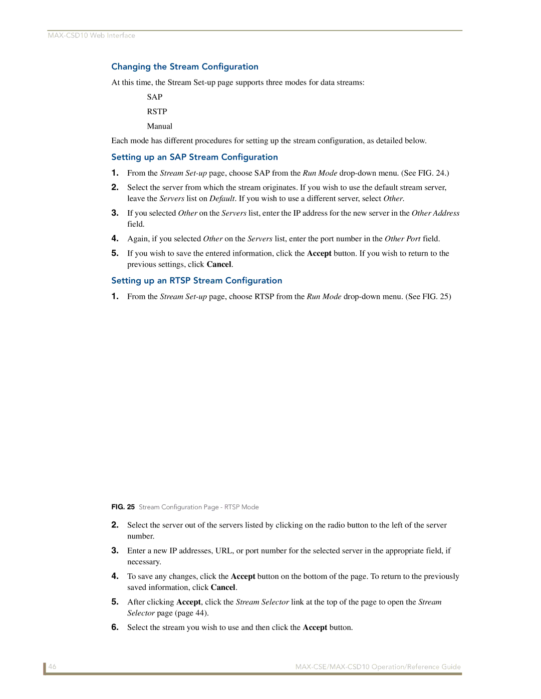 AMX MAX-CSE, MAX-CSD10 manual Changing the Stream Configuration, Setting up an SAP Stream Configuration 