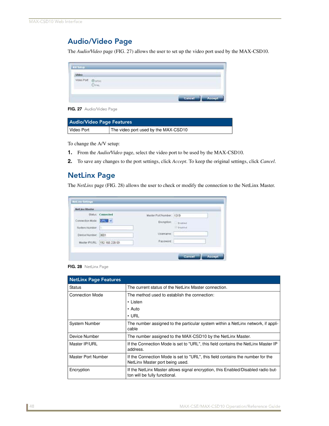 AMX MAX-CSE, MAX-CSD10 manual Audio/Video Page Features, NetLinx Page Features 